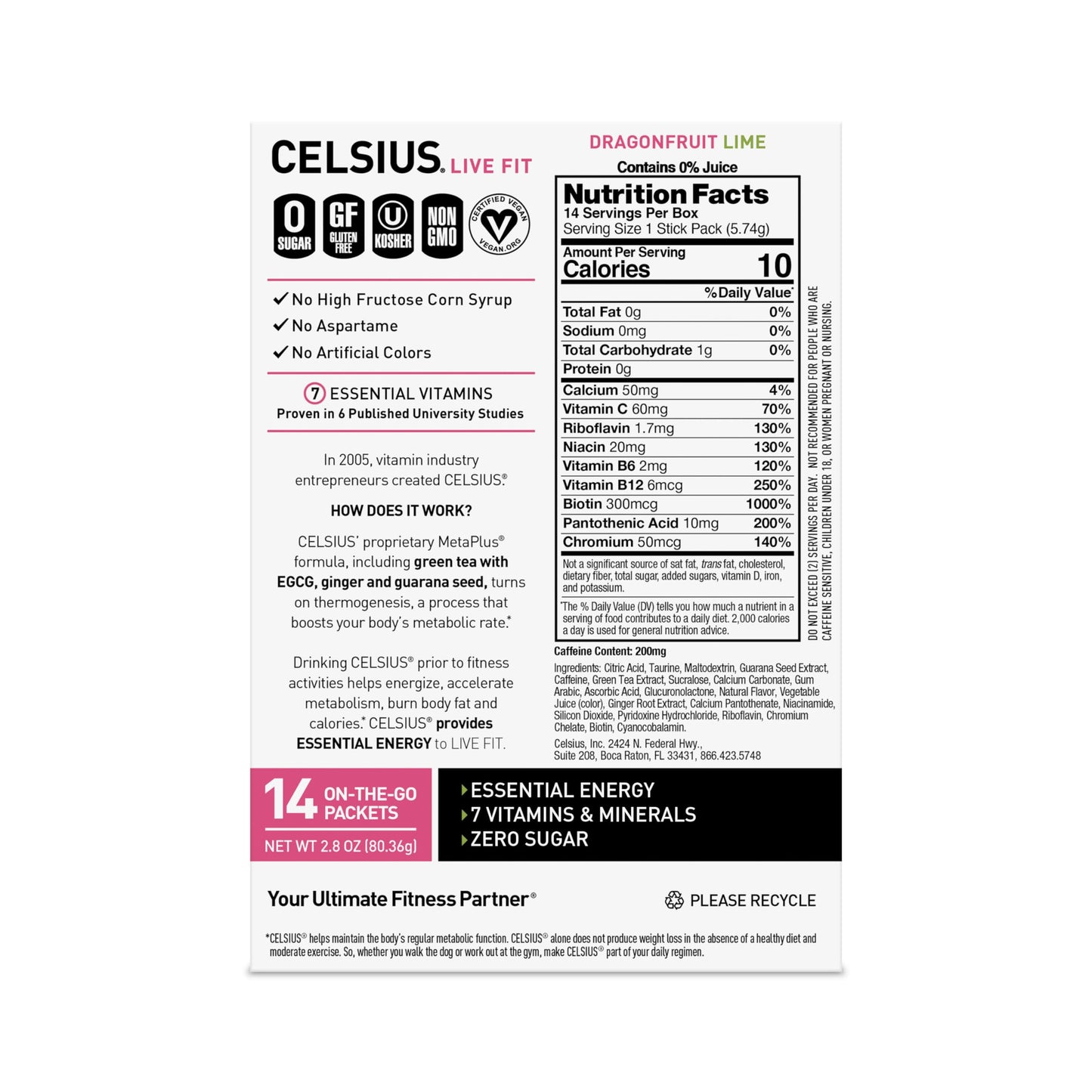 CELSIUS On-the-Go Powder Sticks Dragonfruit Lime, Essential Energy 2.8 Oz (14 Sticks per Pack)