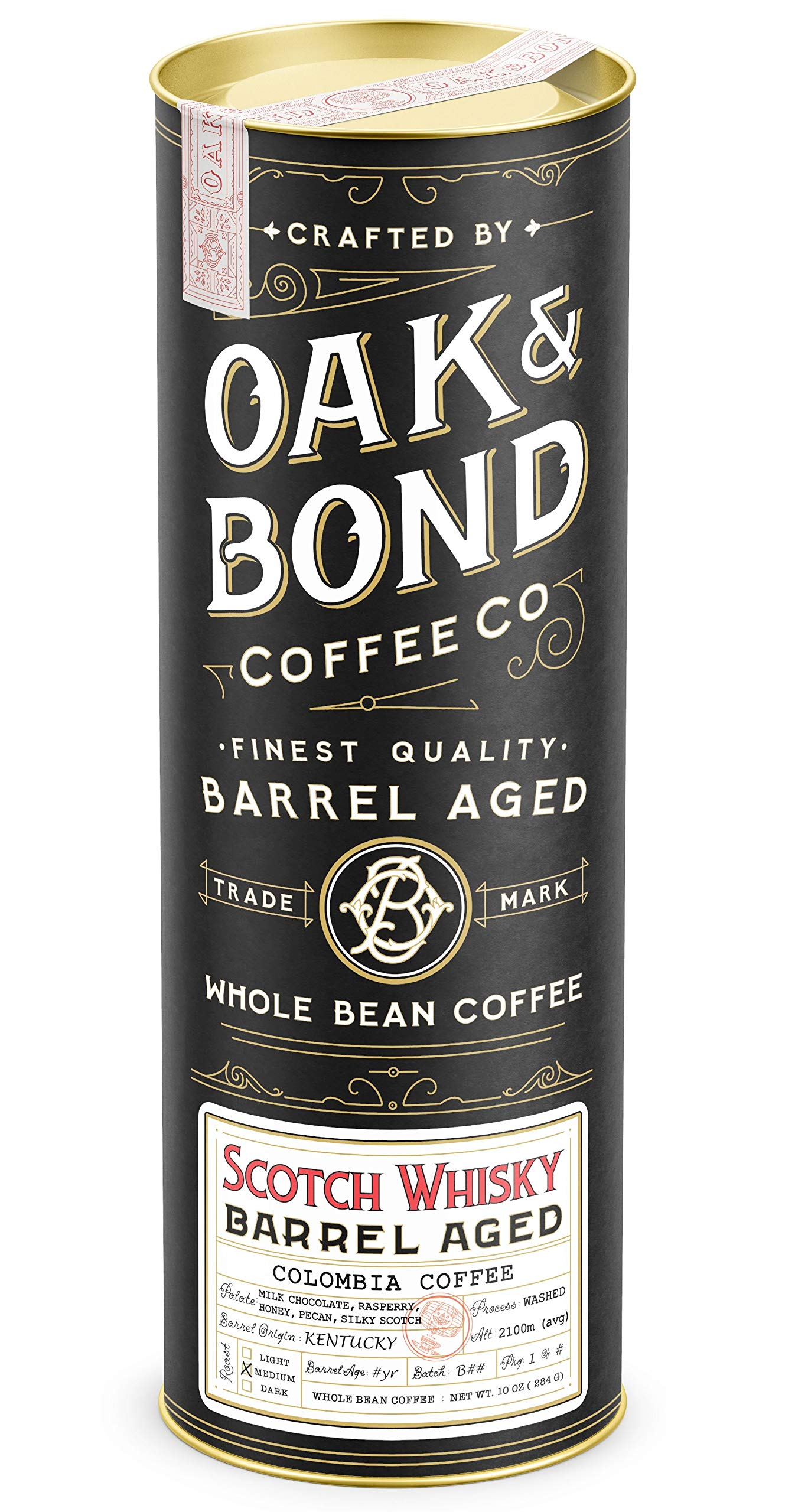Scotch Flavor Blend Barrel Aged Coffee  Colombia Single Oriflavor Blend Washed Whole Coffee Bean  Medium Roast W/Flavor Notes Of Milk Chocolate  Raspberry  Honey  Silky Scotch By Oak & Bond Coffee Co. - 10Oz.
