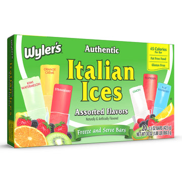 Wylers Authentic Italian Ice Freezer Bars, Fat Free, Original Flavors, 1.5oz, 20 Count