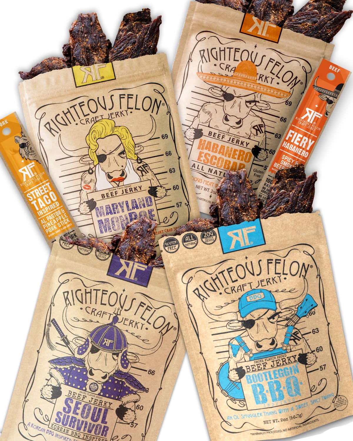 Righteous Felon Beef Jerky Variety Pack | Gluten Free, High Protein | 6 Pack, 1.67 Ounce