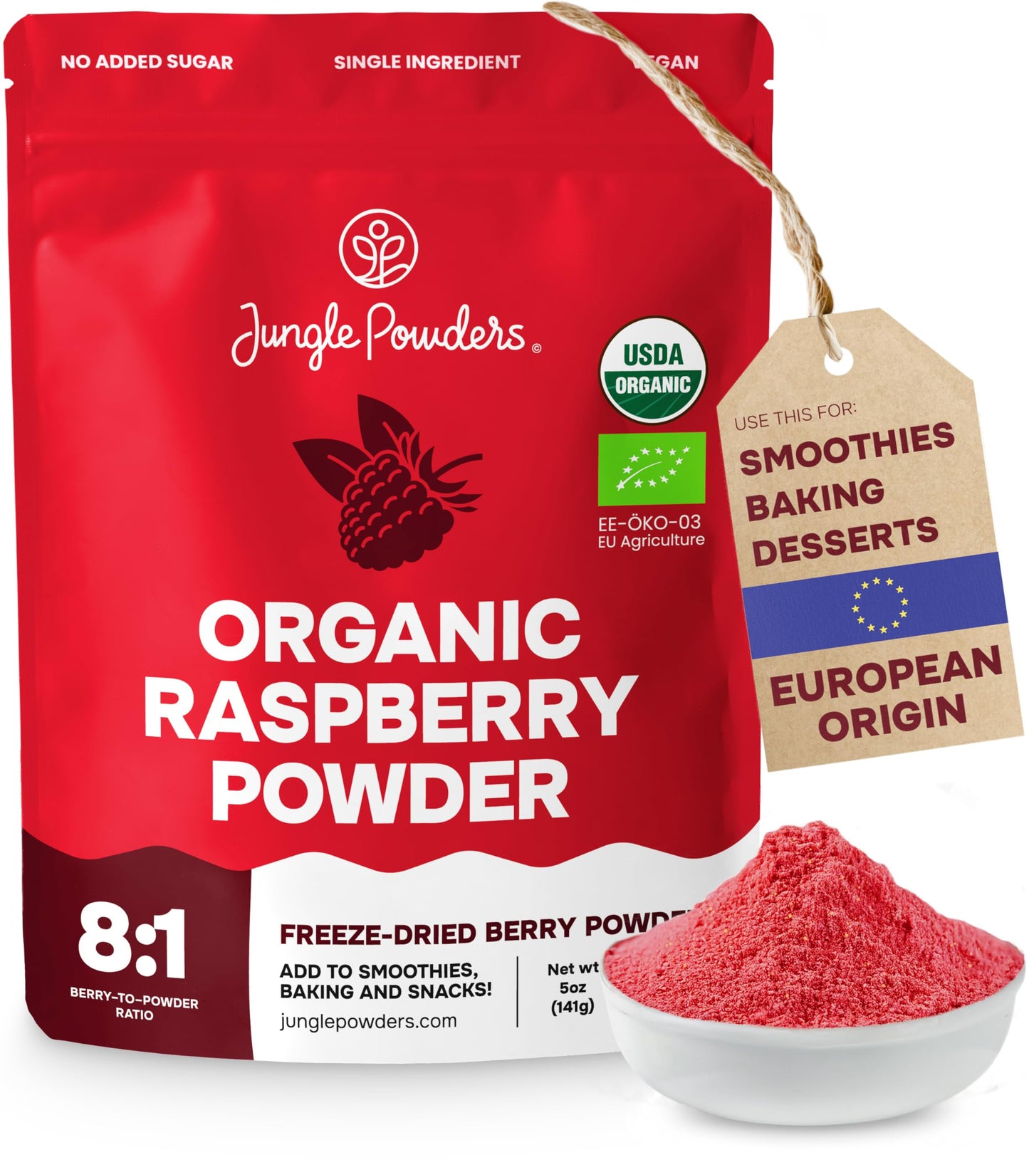 Jungle Powders Organic Raspberry Powder 5 Ounce Bag, USDA Organic Freeze Dried Raspberries from Whole Berry for Baking, Additive