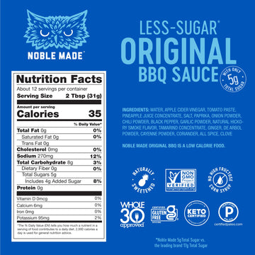 Noble Made Less-Sugar Original BBQ Marinade and Dipping Sauce, 13 fl oz Bottle, Original BBQ Sauce, Low Sugar, Whole30 Approved,