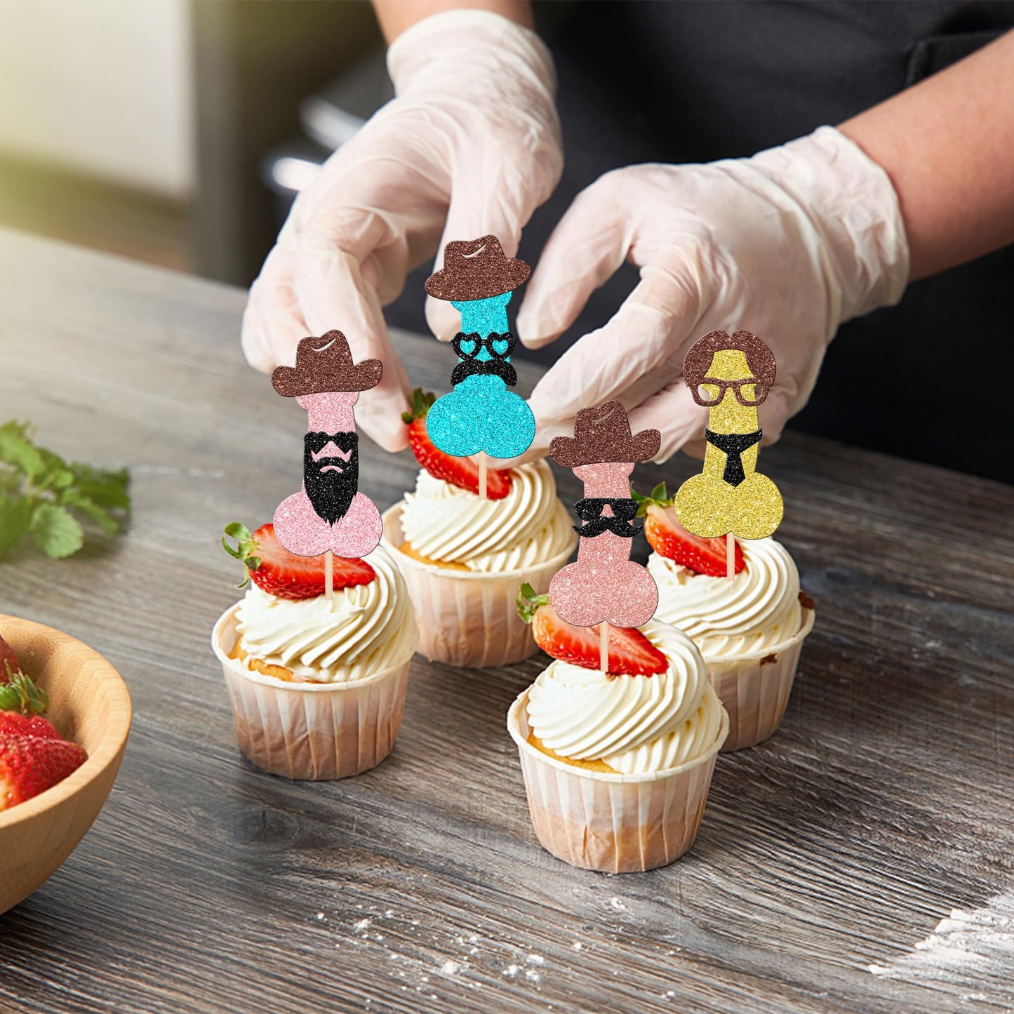 Rssta i Cupcake Toppers 24 Pack Glitter Beard Hat for Bachelor Party, Wedding, Bachelorette, Bridal Shower - Design 4, Paper