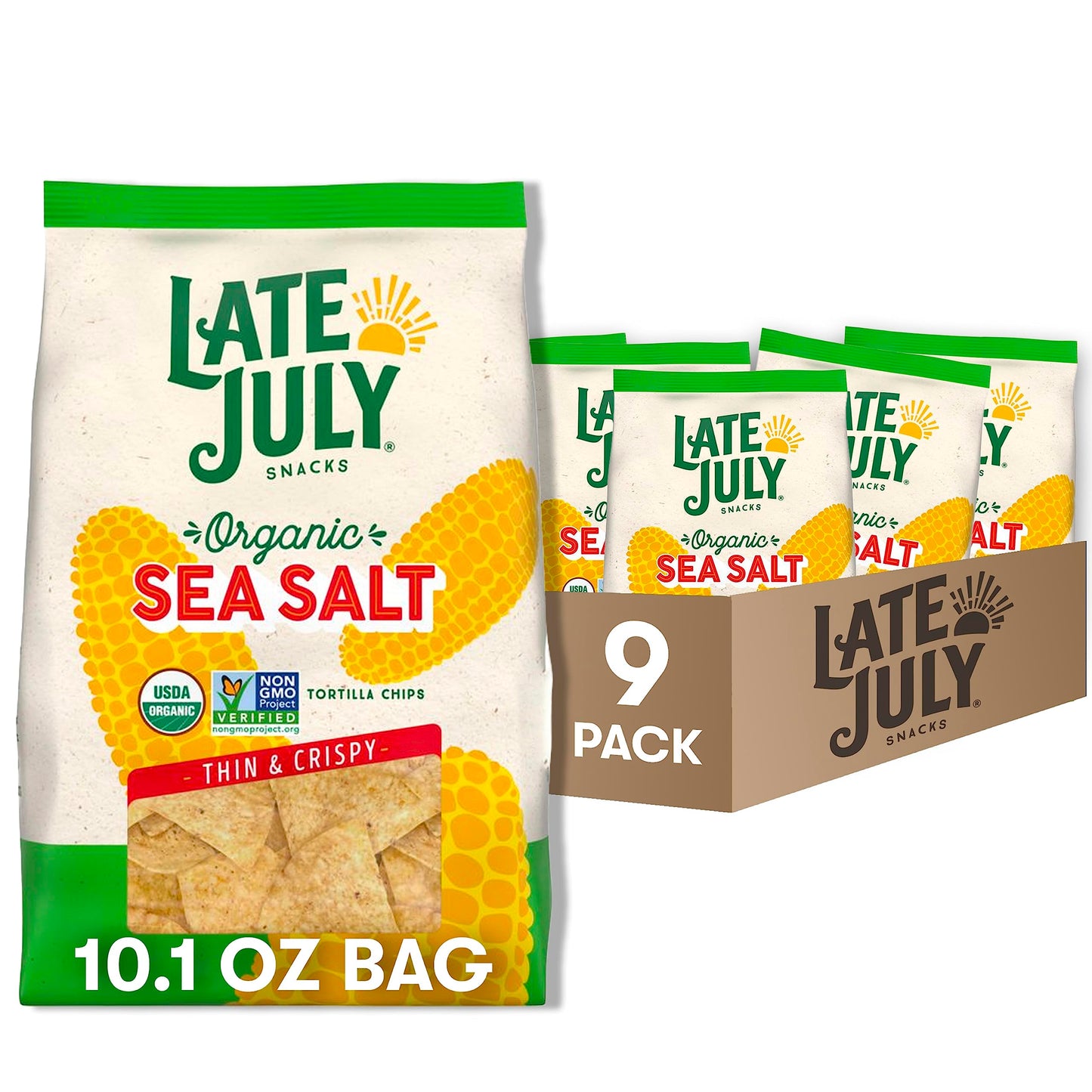 Late July Snacks Thin and Crispy Organic Tortilla Chips with Sea Salt, 10.1 oz Bag (Pack of 9)