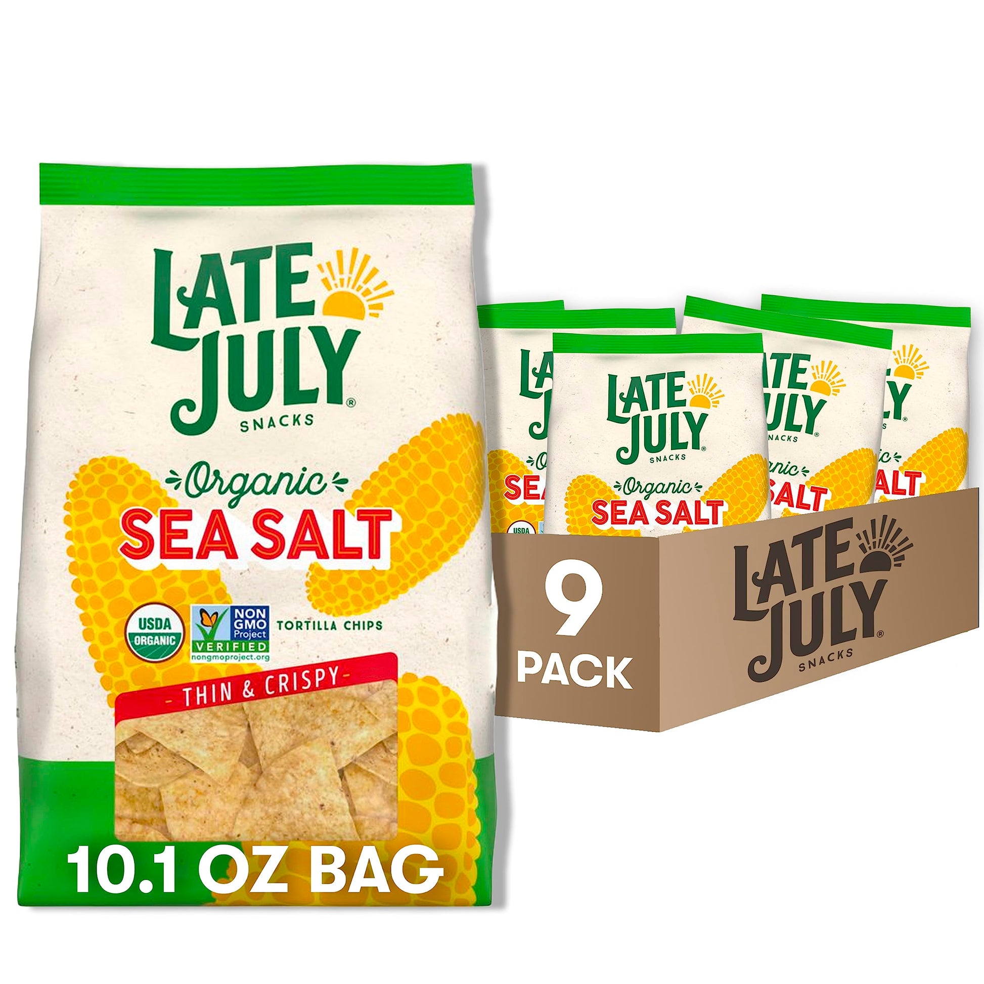 Late July Snacks Thin and Crispy Organic Tortilla Chips with Sea Salt, 10.1 oz Bag (Pack of 9)