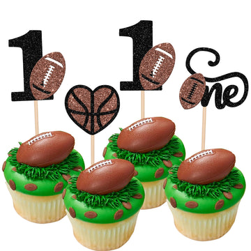24 Pcs Rugby Ball One Cupcake Toppers Glitter Love Heart American Football 2St Birthday Cupcake Picks For Rugby Sports Theme Bab