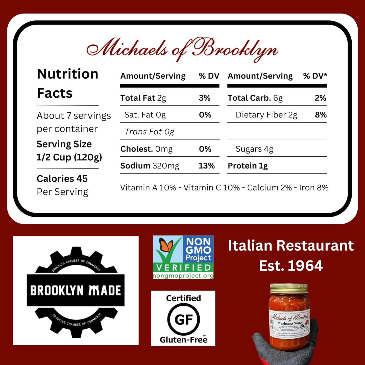 MICHAEL'S OF BROOKLYN Marinara Sauce, Non-GMO, Gluten Free, Fresh Tomato Sauce | Made with Fresh Tomatoes, Basic, Garlic, Olive