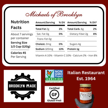 Michaels Of Brooklyn, Sauce, Tomato Basil, Pack Of 6, Size 32 Oz, (Gmo Free Low Sodium Vegan Wheat Free Yeast Free)