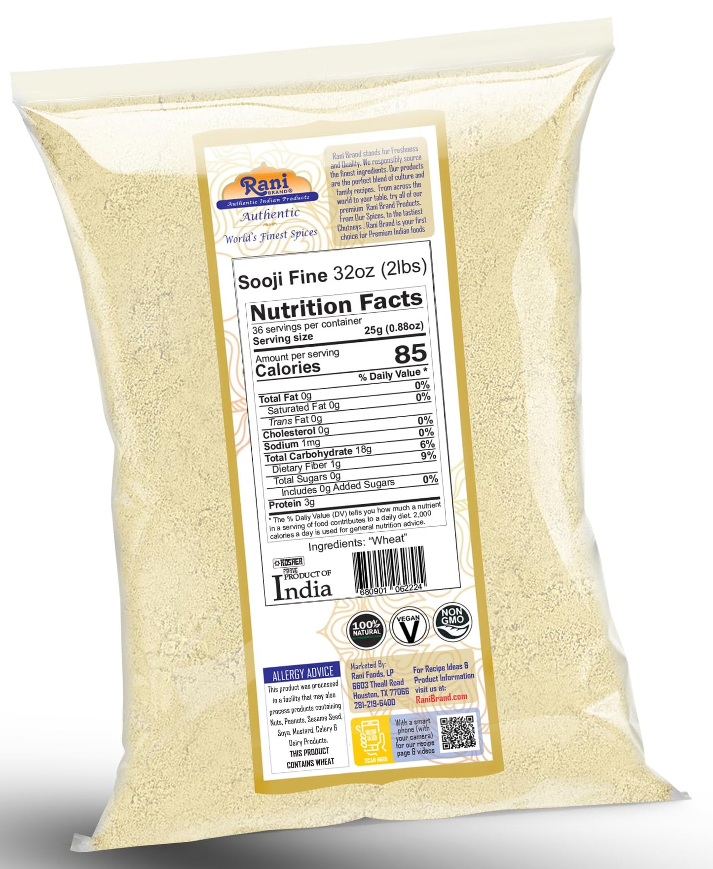 Rani Sooji Fine (Farina, Suji, Rava, Wheat) Flour 32Oz (2Lbs) 908G ~ All Natural | Vegan | Non-Gmo | Kosher | Indian Origin