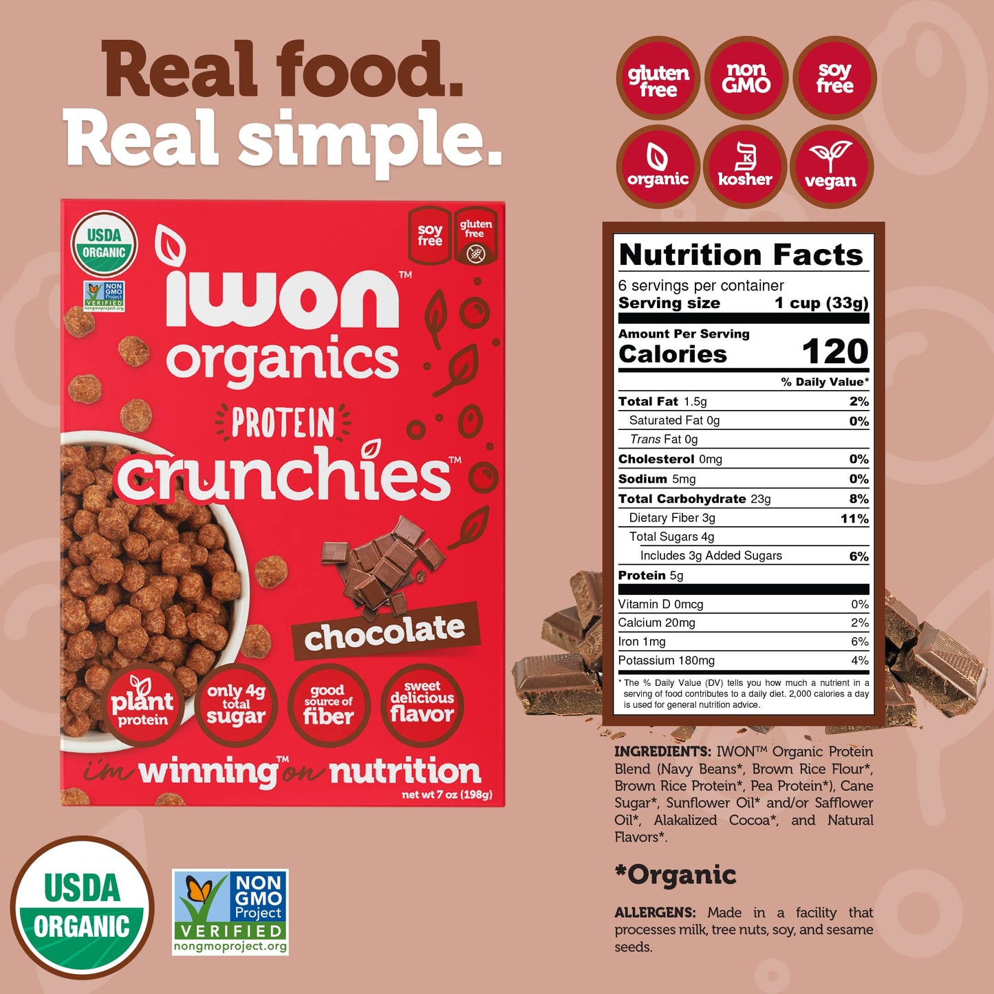 Iwon Organics Protein Crunchies - Plant-Based Protein Low Sugar Gluten & Dairy Free Non-Gmo Organic Breakfast Cereal - Chocolate