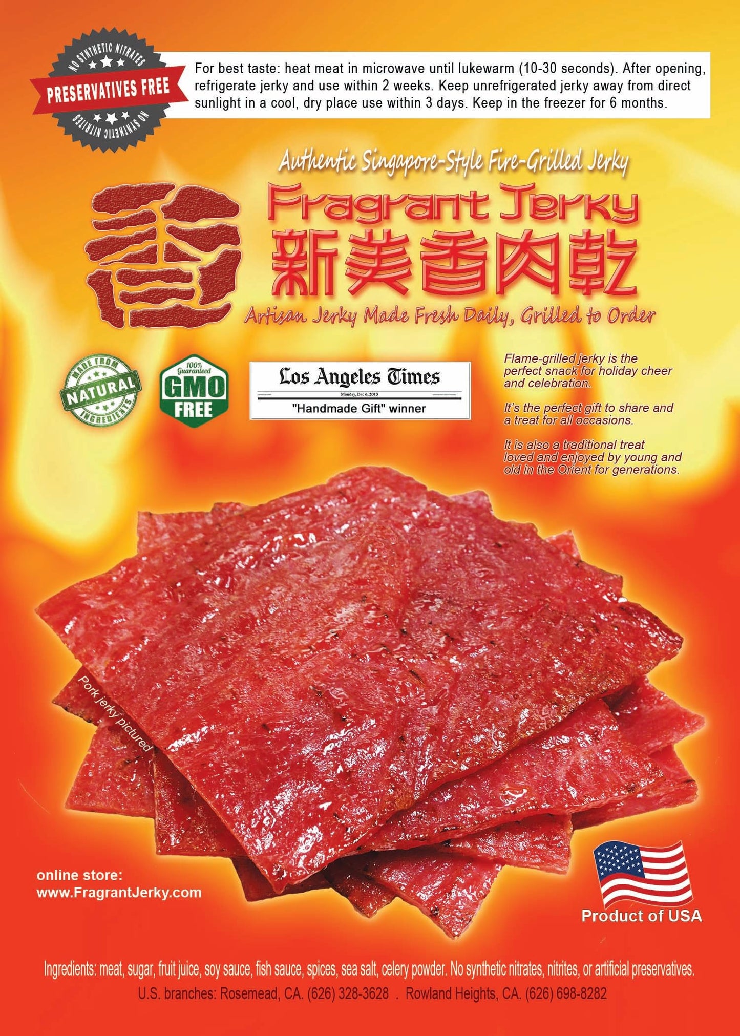 Singapore Street Food, Fire-Grilled Tender Pork Jerky (Original Flavor - Square Shaped 12Oz) *Grilled Fresh To Your Order *Shipp