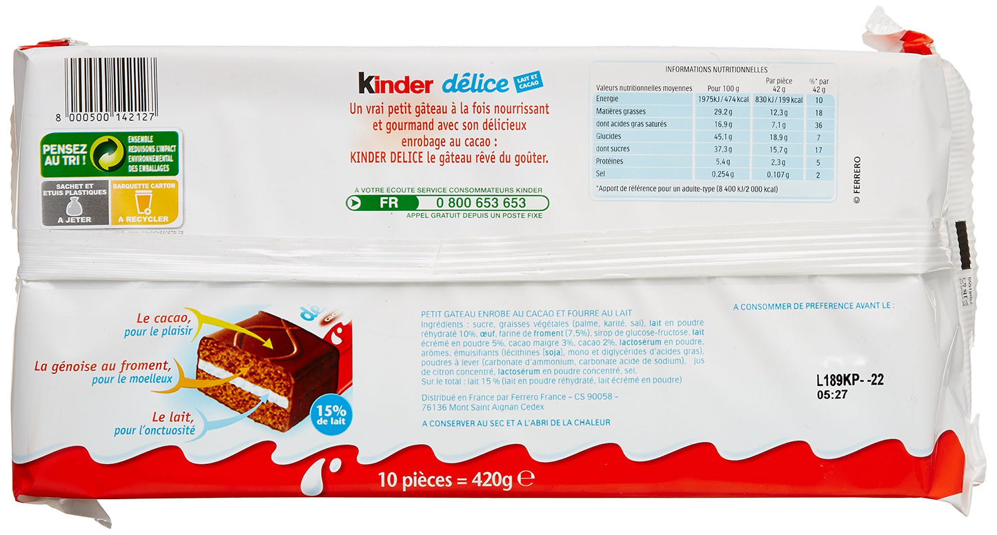 Kinder D  Lice Snacks Cacao 420 G - 4 Packs (40 Bars)