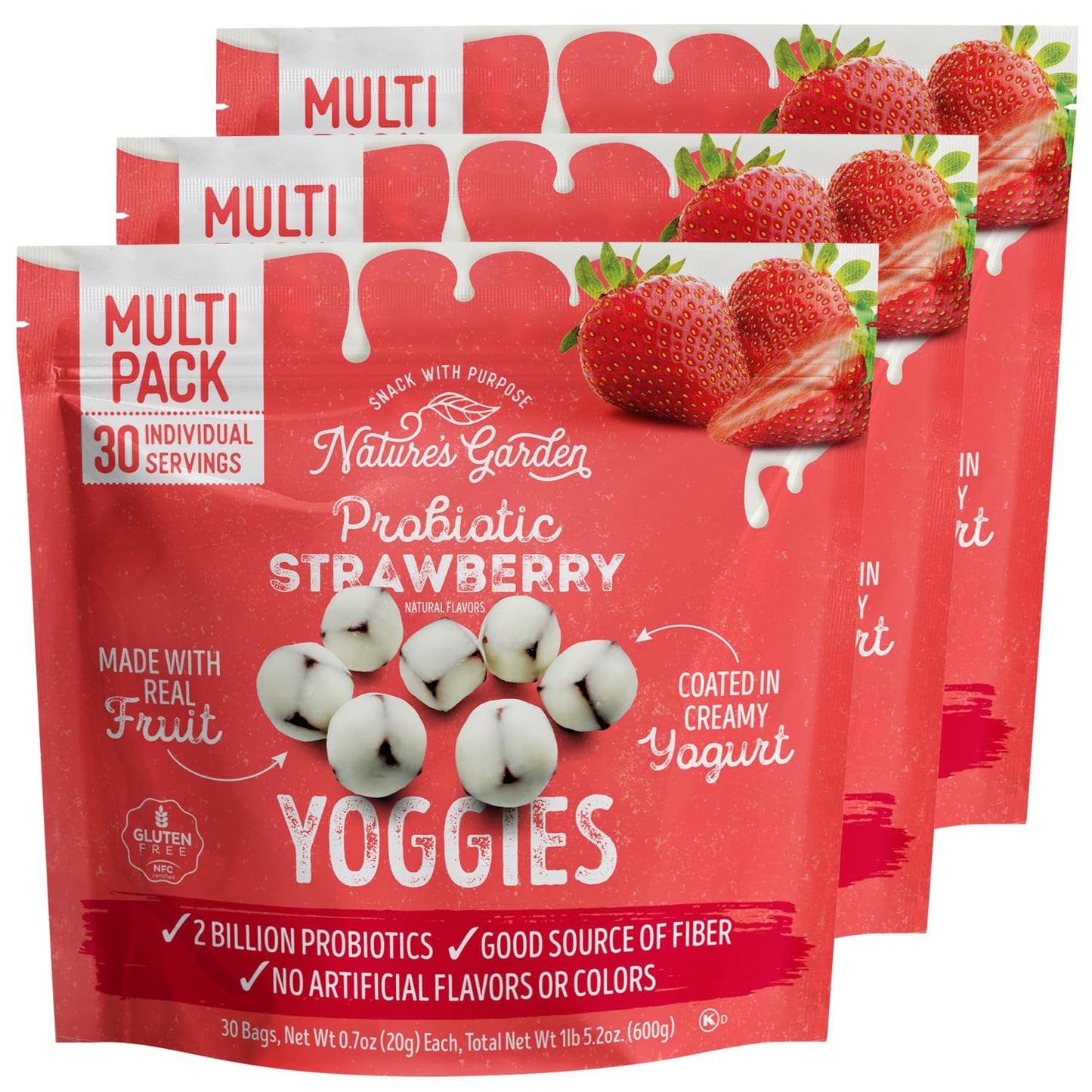 Nature's Garden Probiotic Strawberry Yoggies 21oz (30 x 0.7oz) Pack of 3 - Strawberry Yogurt-Covered Fruit Bites, High Fiber, Re