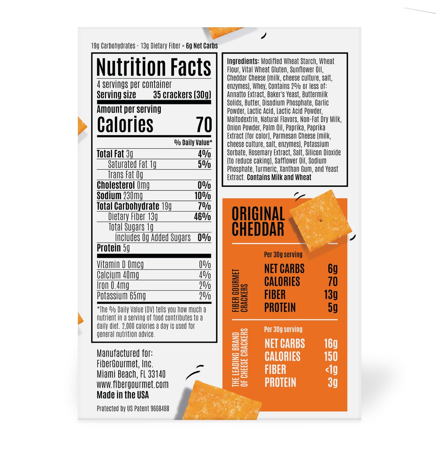 Fiber Gourmet Thinables Baked Cheese Crackers Healthy Low Net Carb Keto - Real Cheddar, High Fiber, 70 Calories, 6g Net Carbs, 1