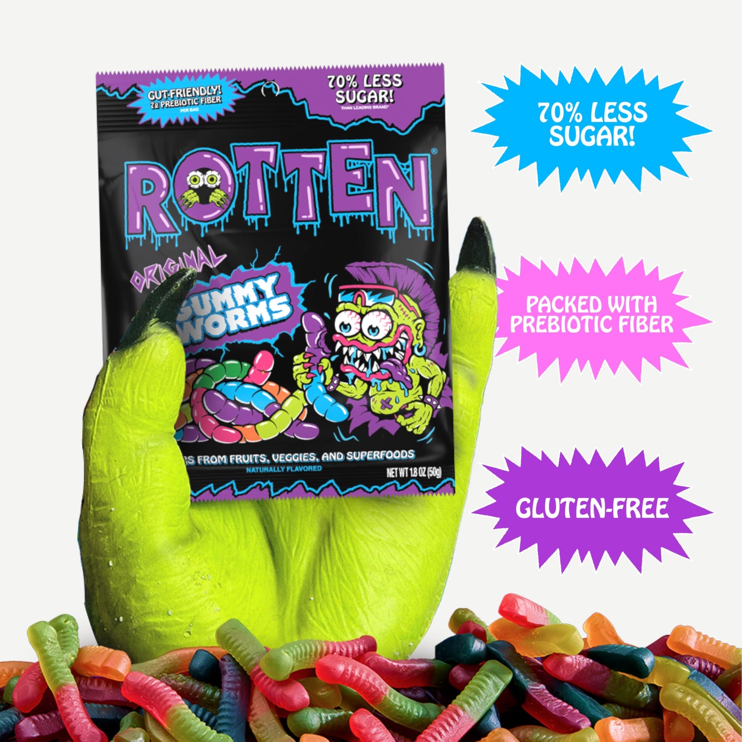 Rotten Original Gummy Worms - Low Sugar, Low Calorie, 7g Gut-Friendly Prebiotic Fiber and 3g Protein, Gluten Free Candy - 1.8 oz