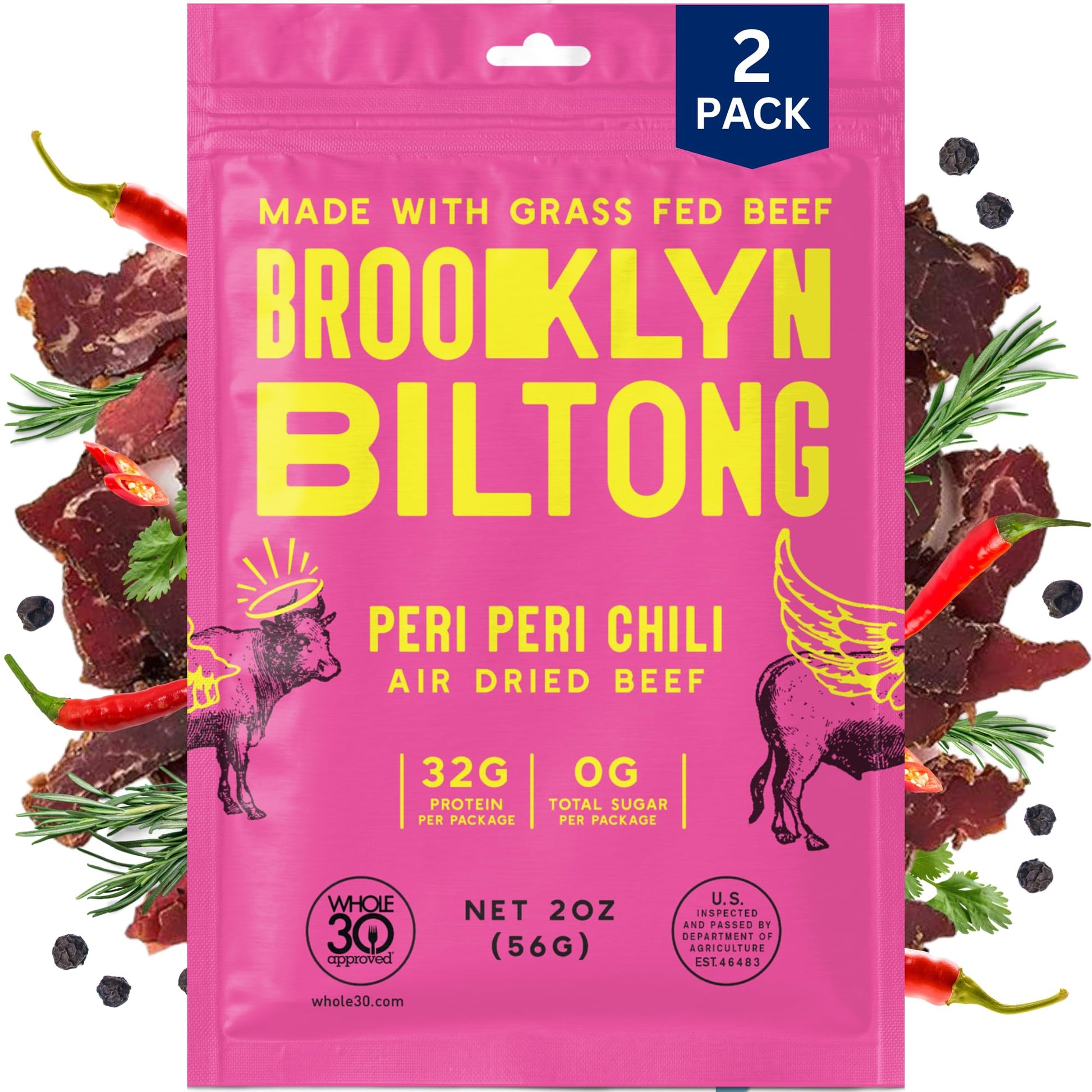 Brooklyn Biltong Air Dried Grass Fed Beef Snack, South African Beef Jerky (2 Oz, Pack Of 2) - Whole30 Approved, Paleo, Keto, Glu