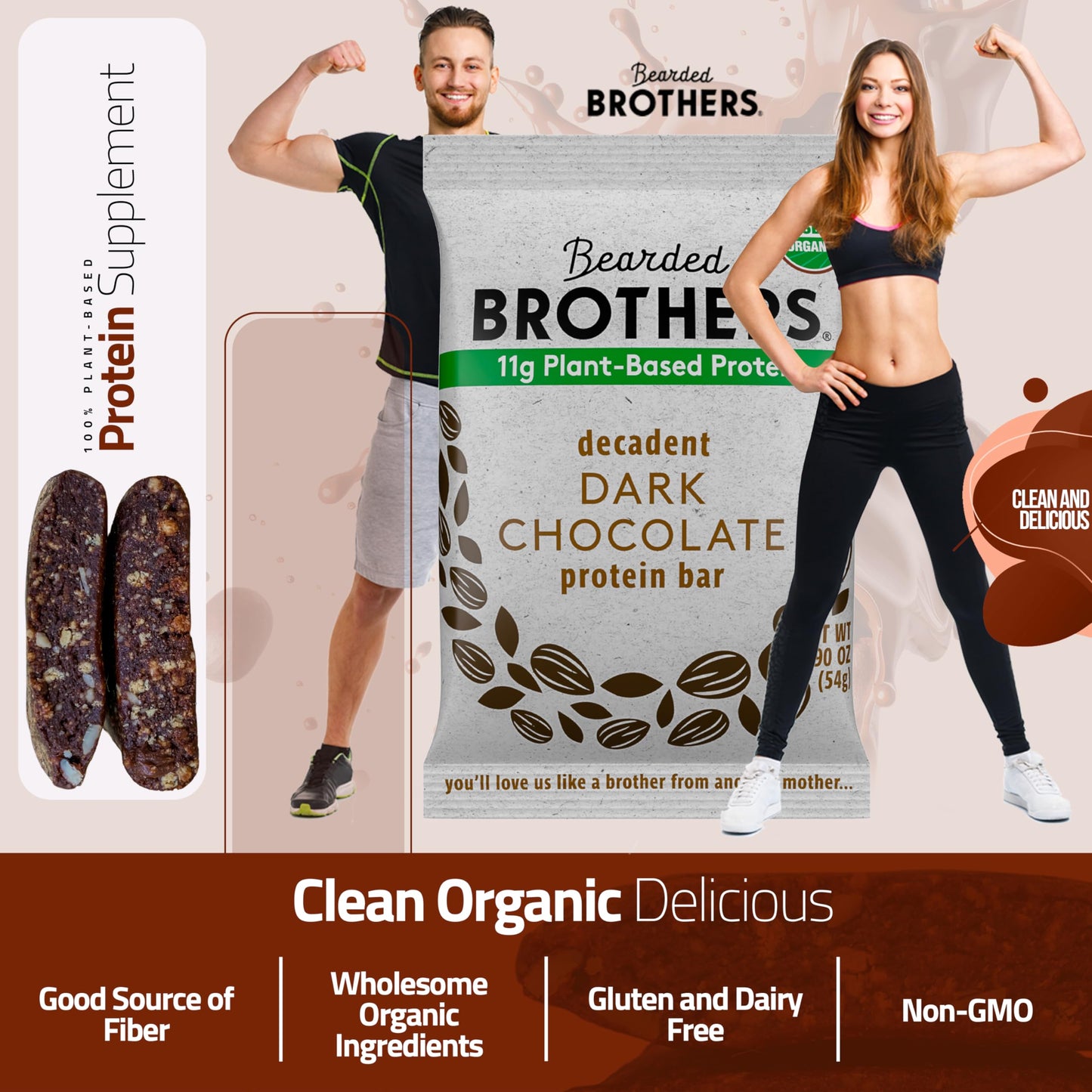 Bearded Brothers Organic Protein Bars, Dark Chocolate (10 Pack) - 11G Of Plant Based Protein Gluten Free Vegan, Non-Gmo Healthy Snacks For Mature-Themeds Good Source Of Fiber