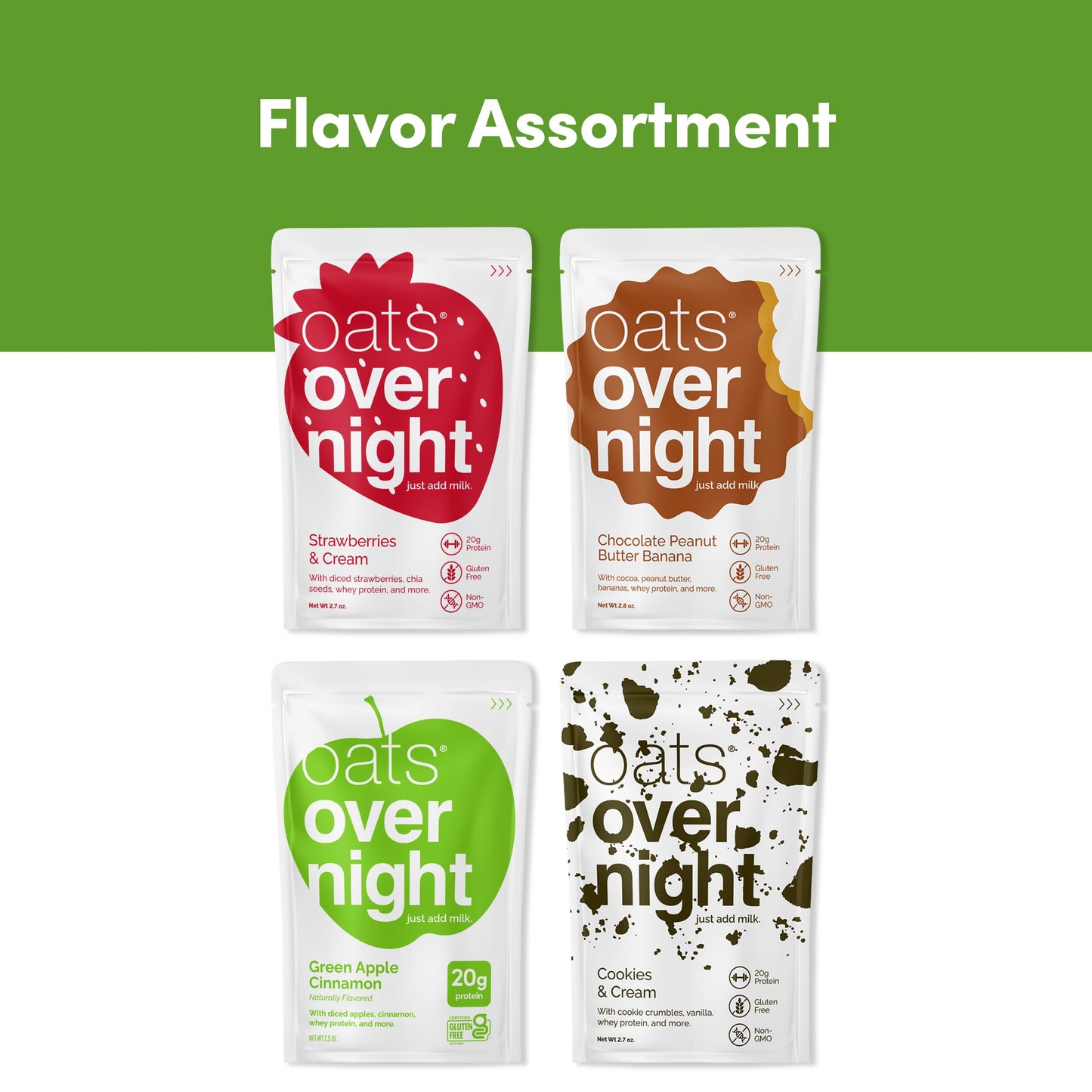 Oats Overnight Classic Variety Pack - High Protein Oatmeal Breakfast Shake - Gluten Free - 2.6 Oz (Pack of 16)