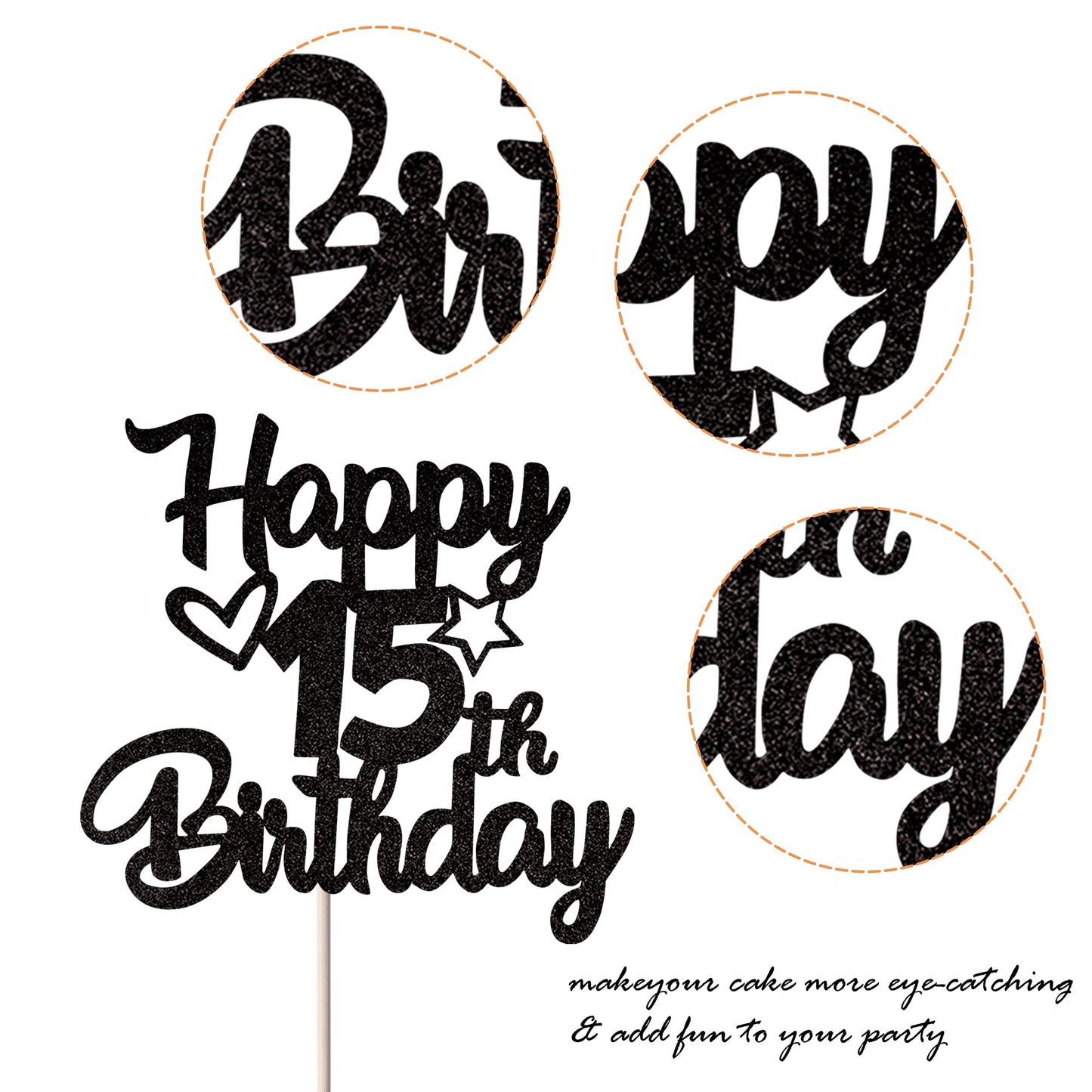 YCTHUNFISH 15th Birthday Cake Topper Glitter Heart Star Black Bamboo Decoration