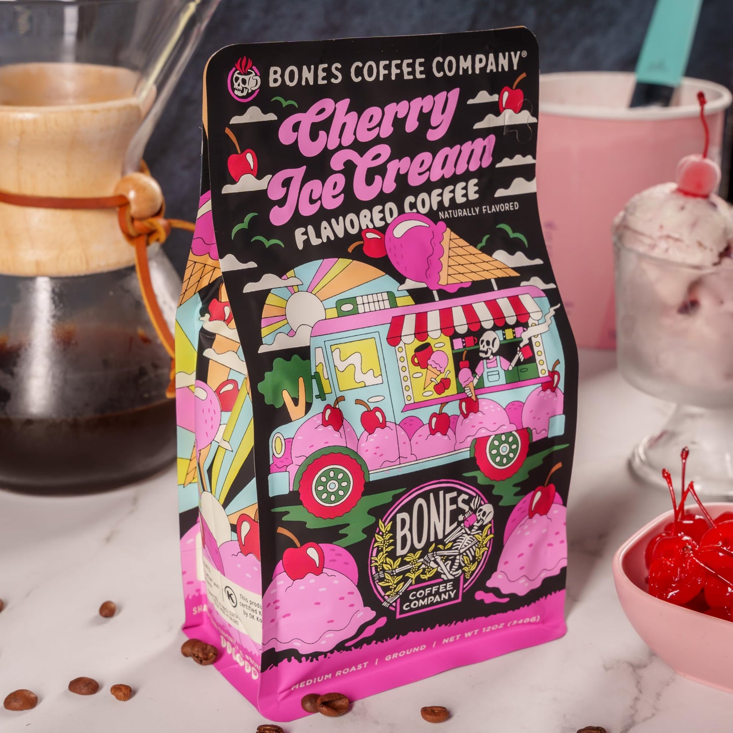 Bones Coffee Company Cherry Ice Cream Flavored Coffee Beans, Medium Roast Whole Bean Coffee Low Acid, Cherry Ice Cream Flavor (1