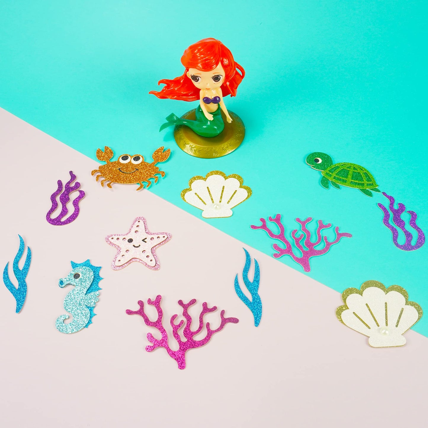 DRWATE Mermaid Cake Topper Set - 24PCS Under the Sea Decorations, Plastic, Purple Blue Balloons, Sea Animals for Parties and Showers