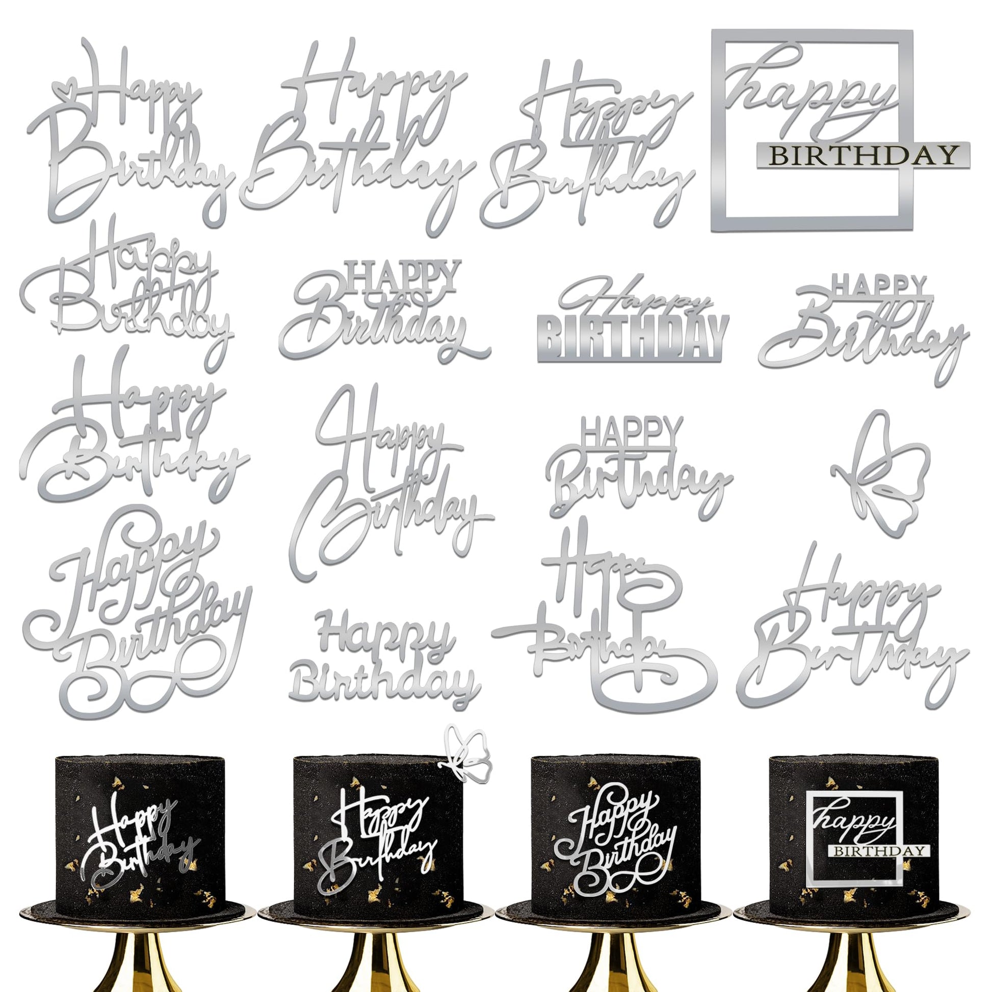 15 Pcs Silver Happy Birthday Cake Toppers Mirror Acrylic Cake Topper Side Cake Decorations Silver Cake Inserts Cake Decorating S