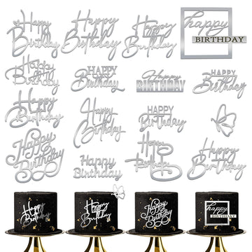 15 Pcs Silver Happy Birthday Cake Toppers Mirror Acrylic Cake Topper Side Cake Decorations Silver Cake Inserts Cake Decorating S