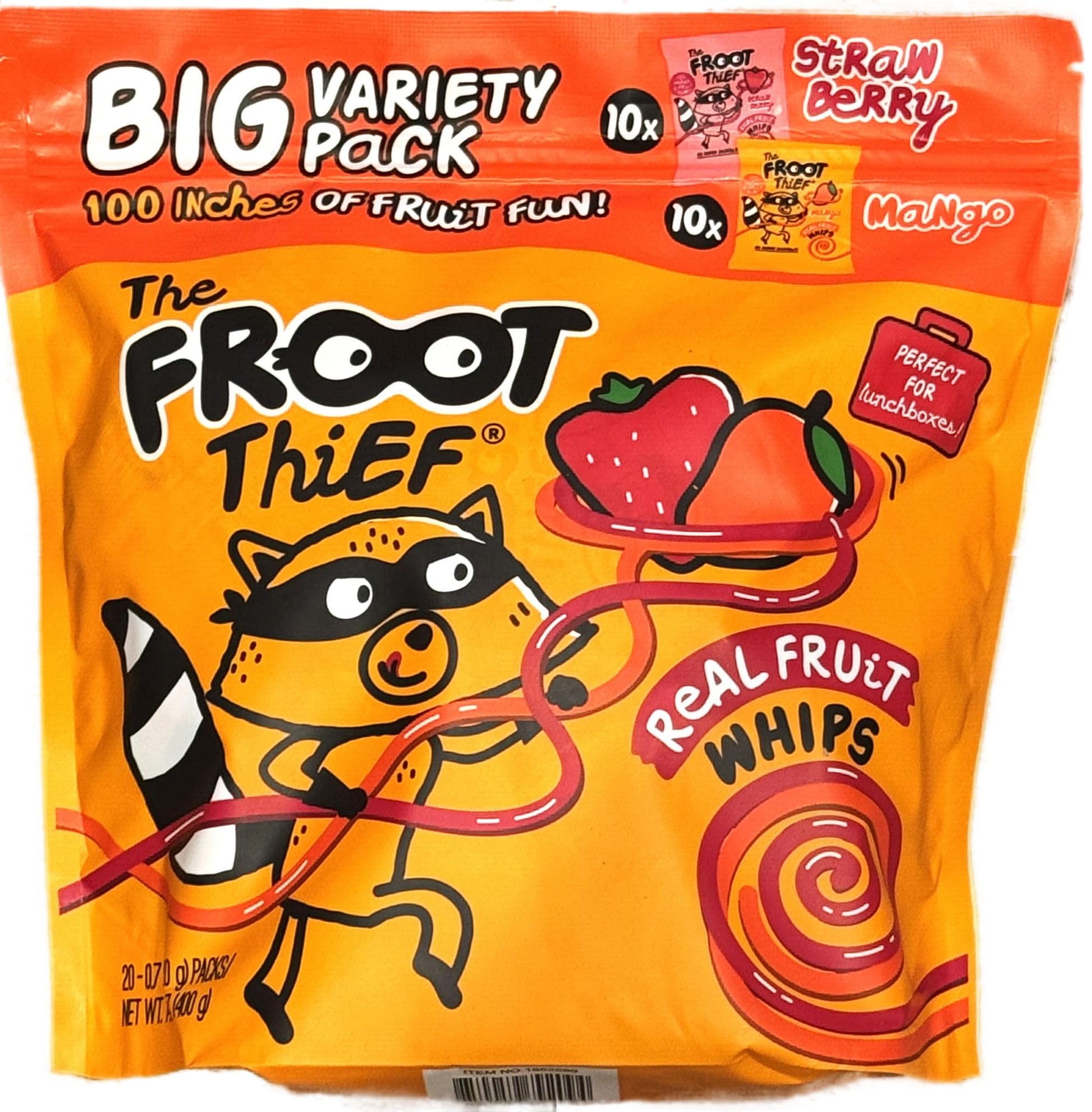 Foot Thief Real Fruit Whips Vegan Big Variety Pack Gluten Free 10 Bags of Strawberry 10 Bags of Mango No Preservatives (Total 20