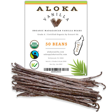Aloka Vanilla 50 Count Organic Madagascar Vanilla Beans - Grade A Bourbon Pods for Baking & Cooking, Non-GMO, Vegan