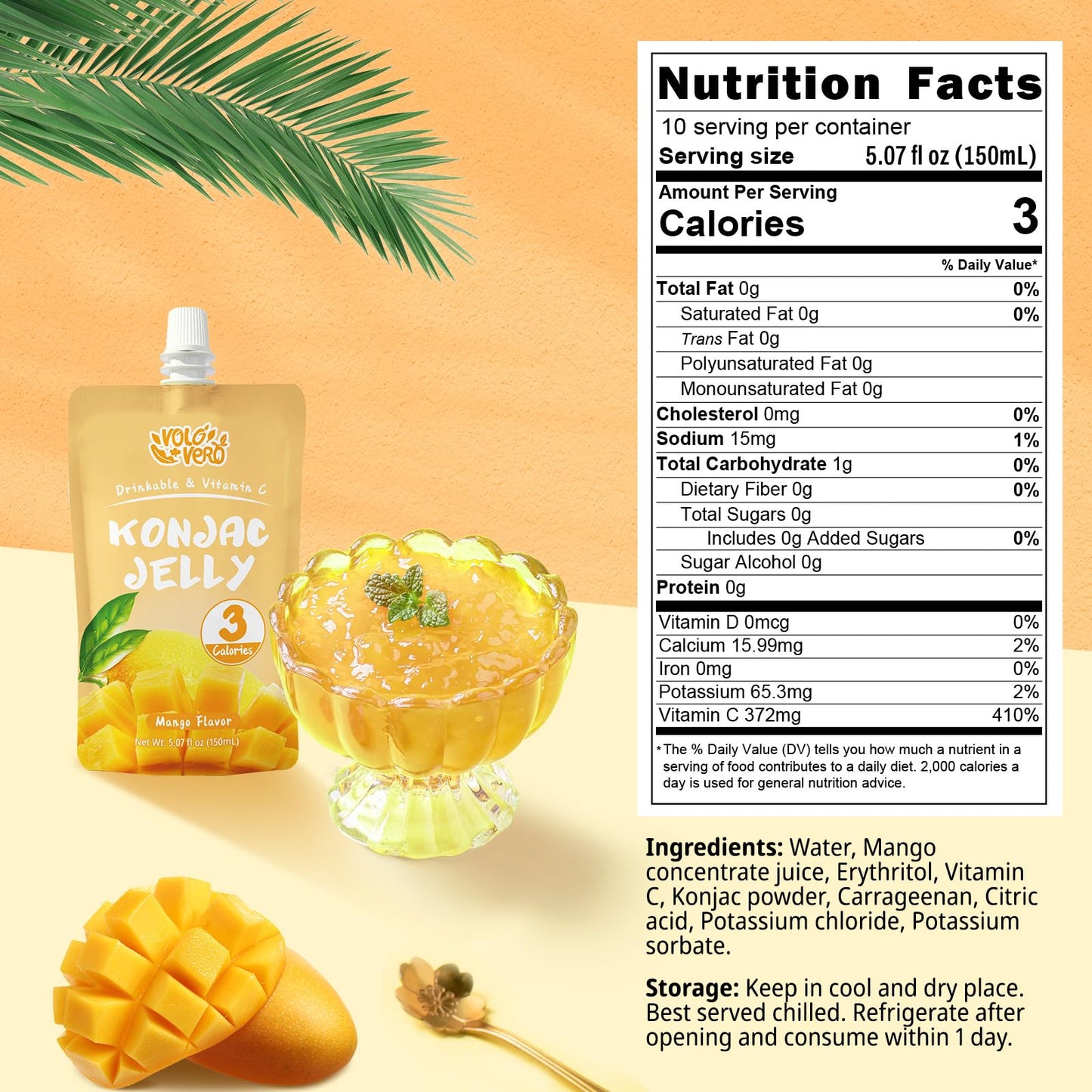 VOLO VERO Konjac Jelly Squeeze Pouch Mango Flavor, Low Calories (3 Kcal), 10 Packs, Gluten Free & Vegan, 0 Sugar, Keto, Low Carb