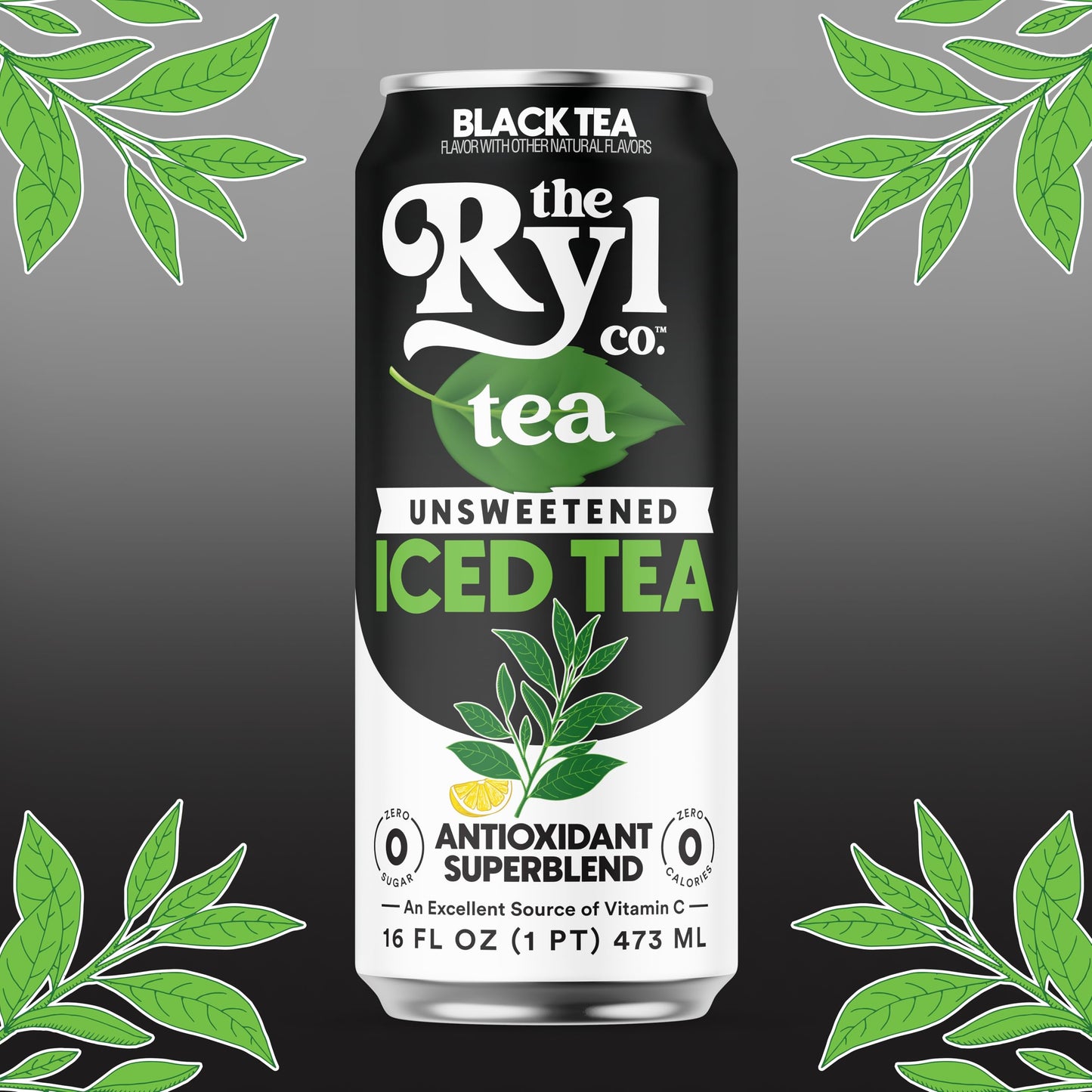 Ryl Unsweetened Black Iced Tea, 12-Pack (16oz), Zero Sugar, Low Carb, Non-GMO, Antioxidant Superblend, Gluten Free, Kosher