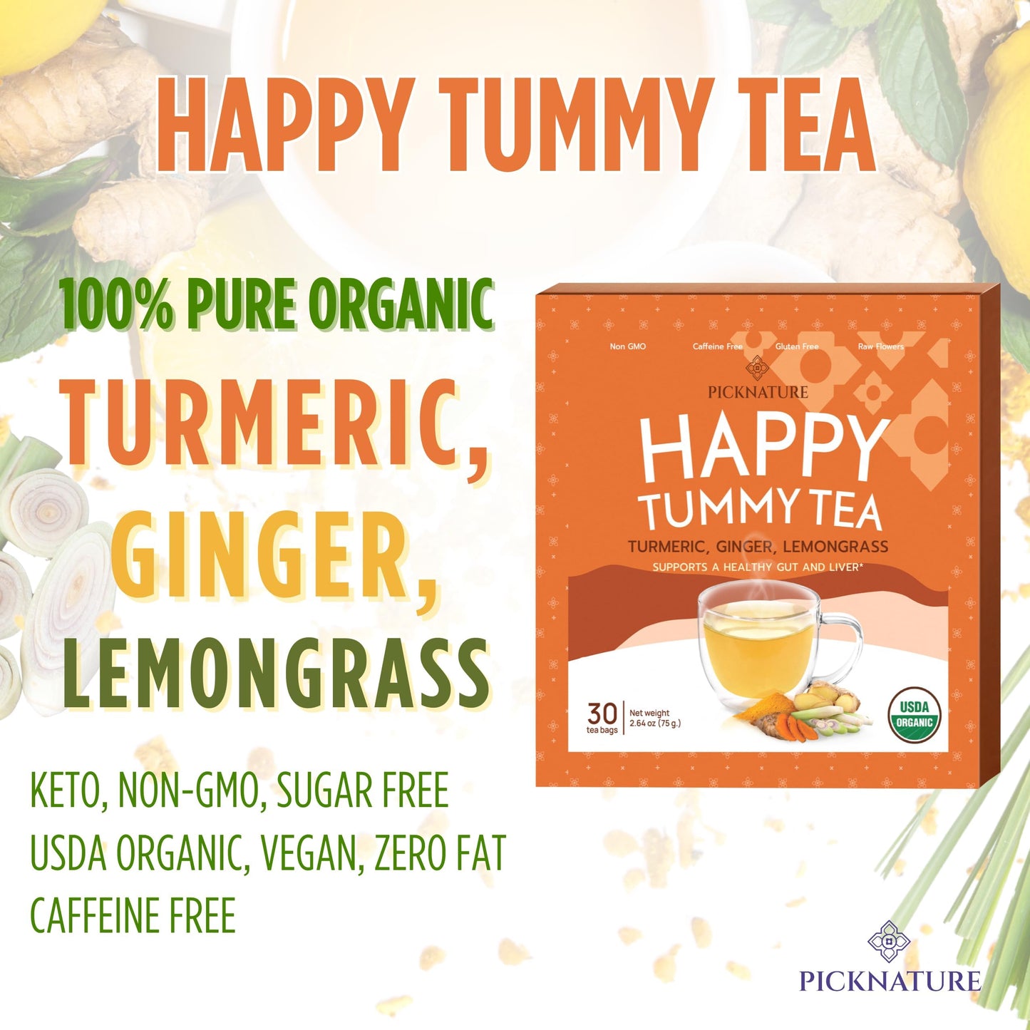 Picknature Usda Organic Happy Tummy Tea - Digestive Tea With Lemongrass, Turmeric, Ginger Tea Freshly Picked From Thailand| 60 T