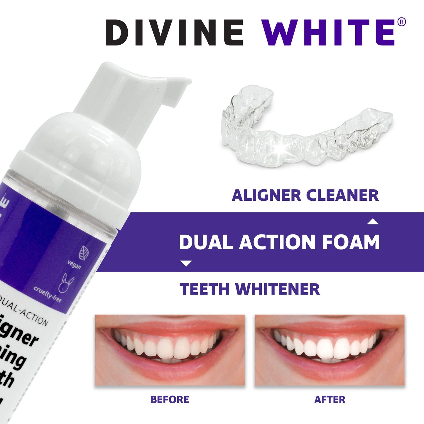 DIVINE WHITE Foam Toothpaste 4-Pack - Dual-Action Stain Remover & Teeth Whitening Cleaner for Invisalign, ClearCorrect, SmileDirectClub
