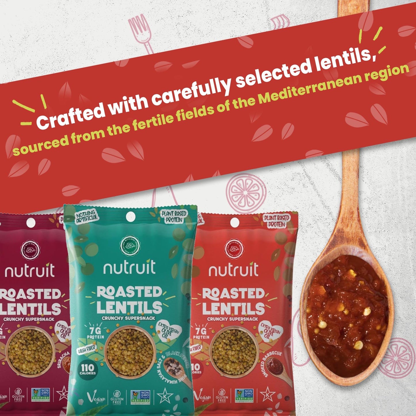 Nutruit Roasted Lentil Snacks - Tasty Snack Box with Vegan  Gluten Free  Non-GMO  High Protein  Low Calorie  Healthy On-The-Go Low Calorie Lentils Snacks - 1.2oz Packs (20-Pack Variety Box)