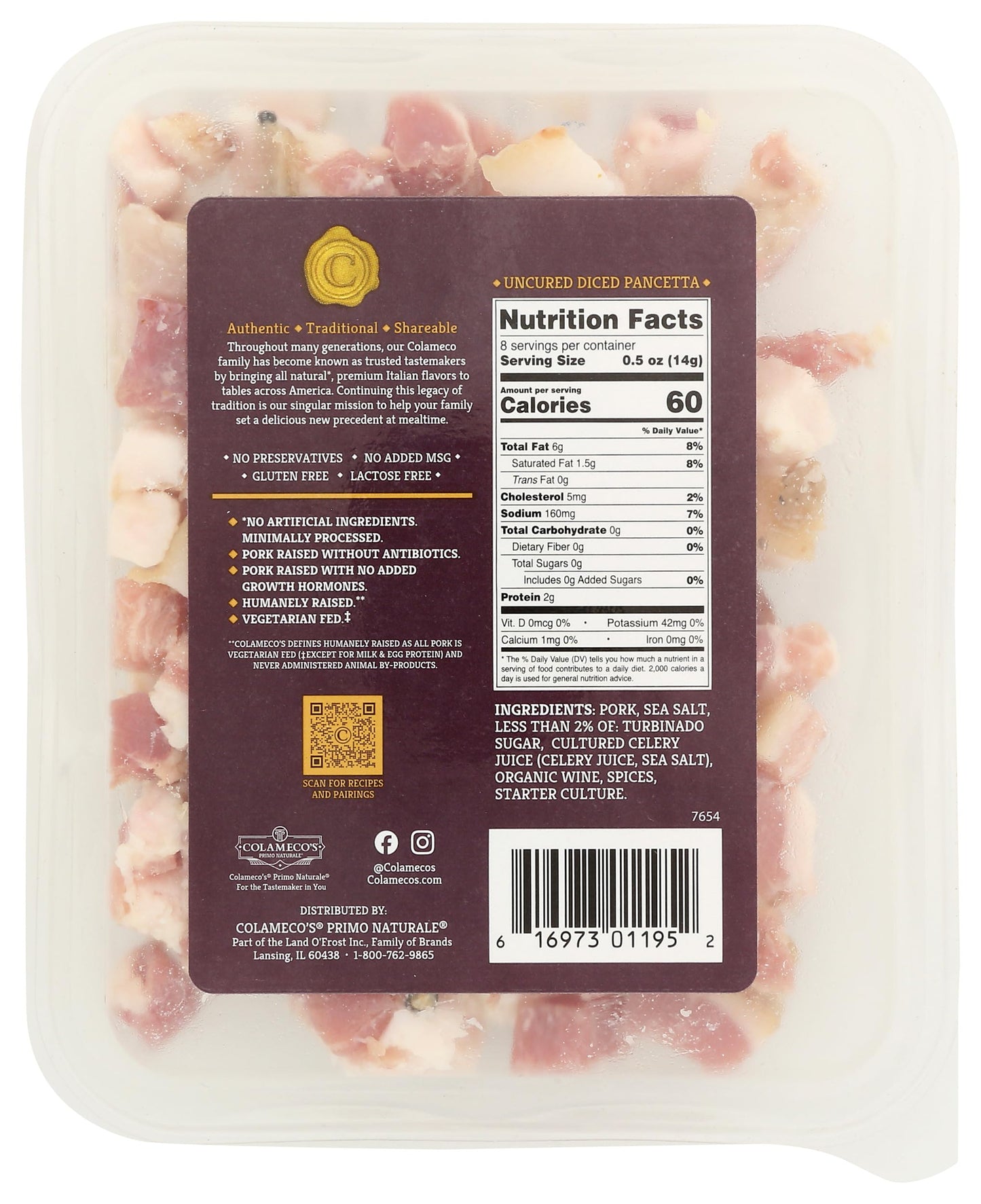 Colameco, Pork Pancetta Diced Uncured, 4 Ounce