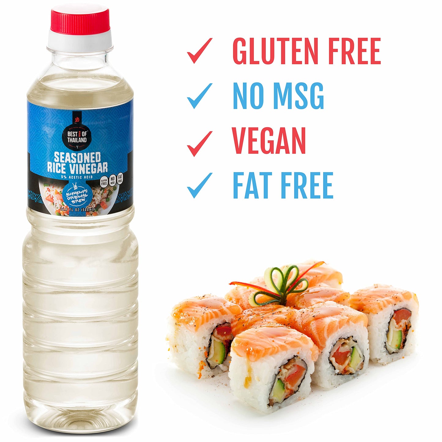 Best Of Thailand Seasoned Rice Vinegar | Fat Free, Gluten Free, No Msg, Kosher Safe Condiment, Marinade & Dressing For Authentic