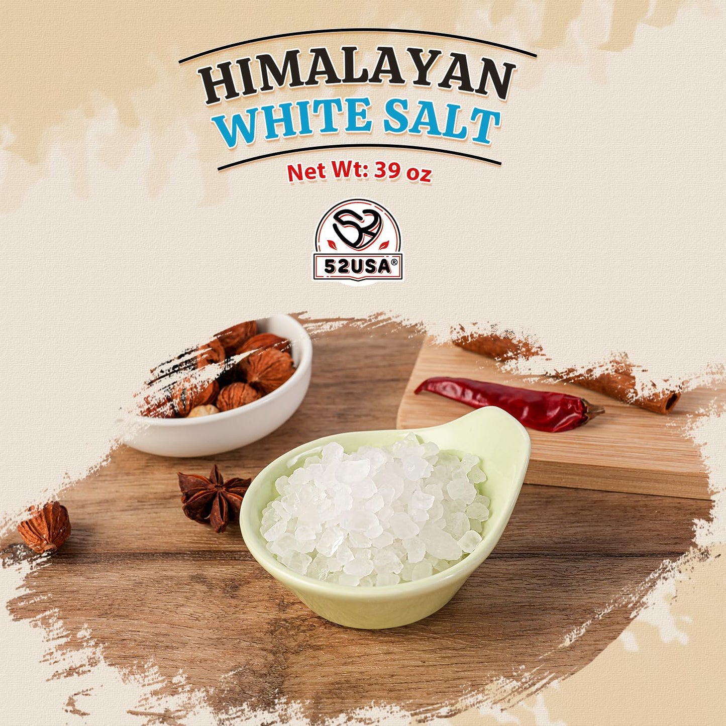 52USA Himalayan White Salt Coarse, 39 oz Refill for Grinder, Pure Natural Sea Salt, Ideal for Cooking, BBQ, Baking