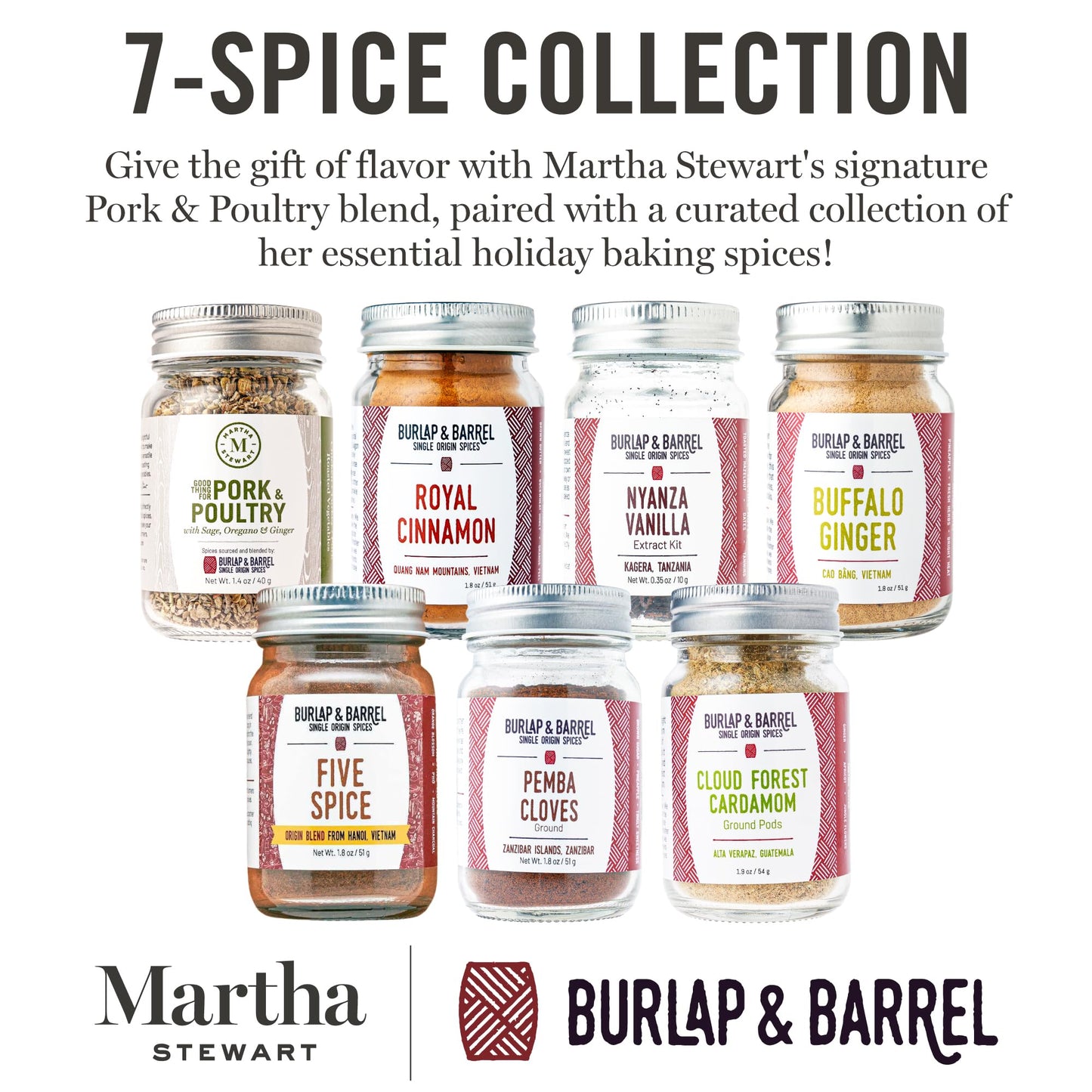 Martha Stewart 7-Spice Gift Set - 7 Single Origin Spices, Marthas Pork & Poultry Seasoning - Herbs & Spices From Burlap & Barrel - Cinnamon, Vanilla, & More - Gift For Cooks - 7 Full Size Jars