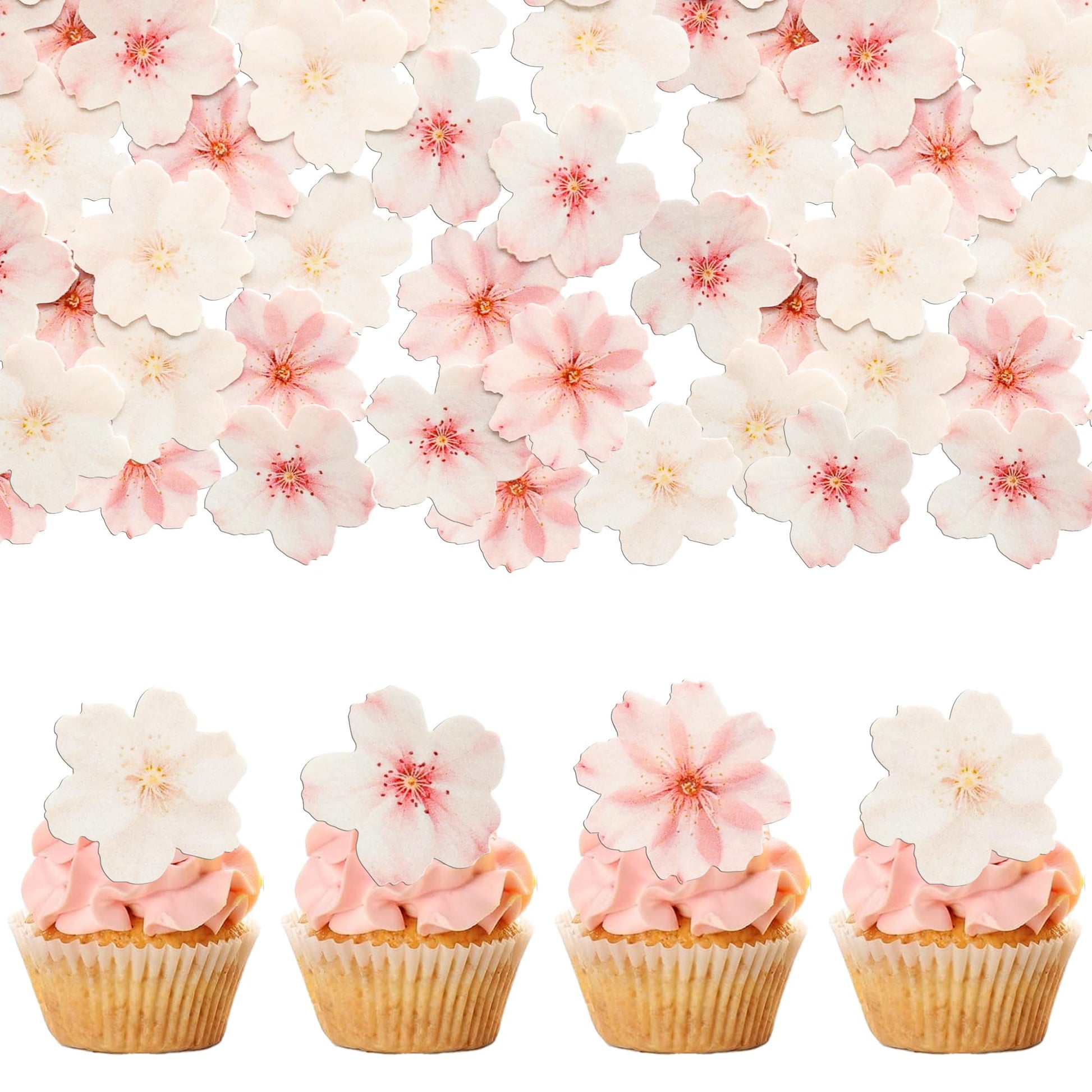 Gyufise 54Pcs Edible Cherry Blossoms Cupcake Toppers Edible Flowers Cake Decorations Wafer Paper Flowers Cupcake Topper for Baby
