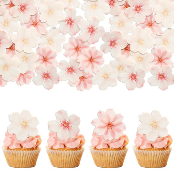 Gyufise 54Pcs Edible Cherry Blossoms Cupcake Toppers Edible Flowers Cake Decorations Wafer Paper Flowers Cupcake Topper for Baby