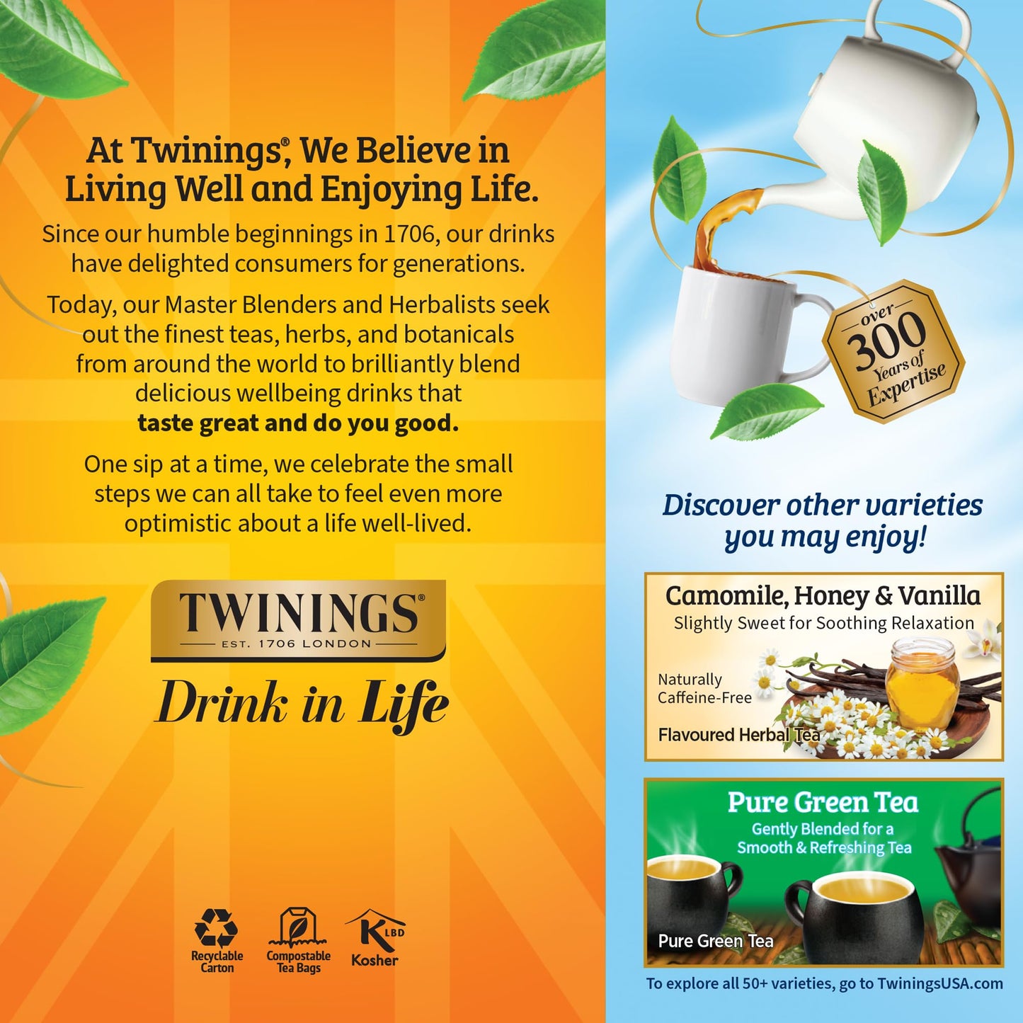 Twinings Herbal Tea, Pure Camomile, Caffeine-Free, 25 Count (Pack of 6), Model 9178, Individually Wrapped Bags