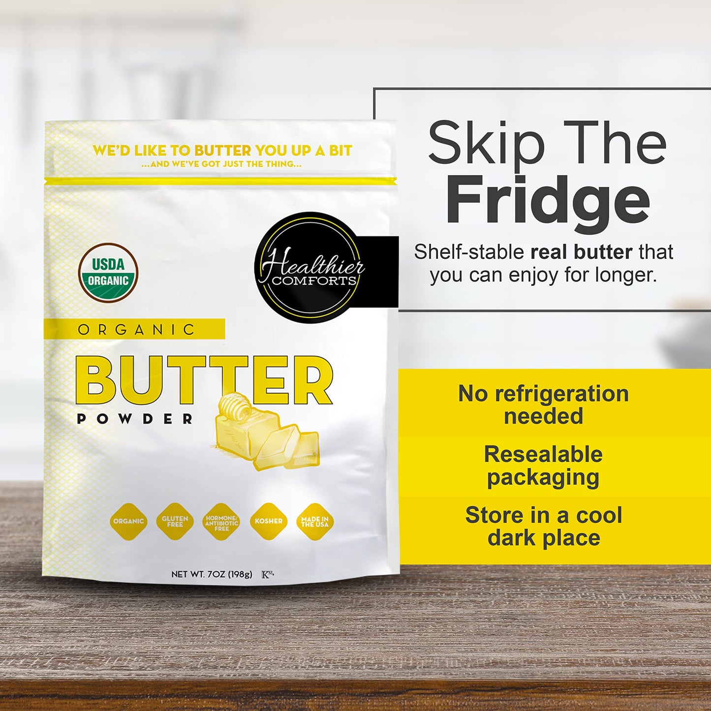 Healthier Comforts Organic Butter Powder | USDA Certified Organic Dehydrated Unsalted Butter | Kosher, Gluten Free, Non-GMO | Po