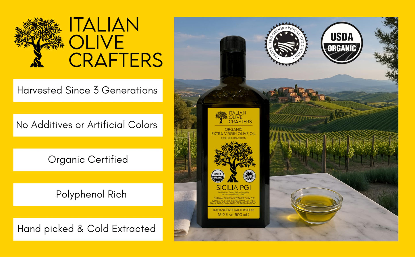 Italian Olive Crafters  Polyphenol Rich Organic Extra Virgin Olive Oil  16.9 fl oz - Organic Olive Oil Extra Virgin Cold Pressed Glass Bottle