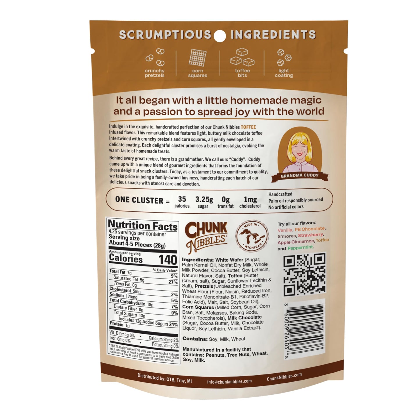 Chunk Nibbles Toffee Snack Clusters - Buttery Milk Chocolate Toffee with Pretzels & Corn Squares - Award-Winning Gourmet Treat,