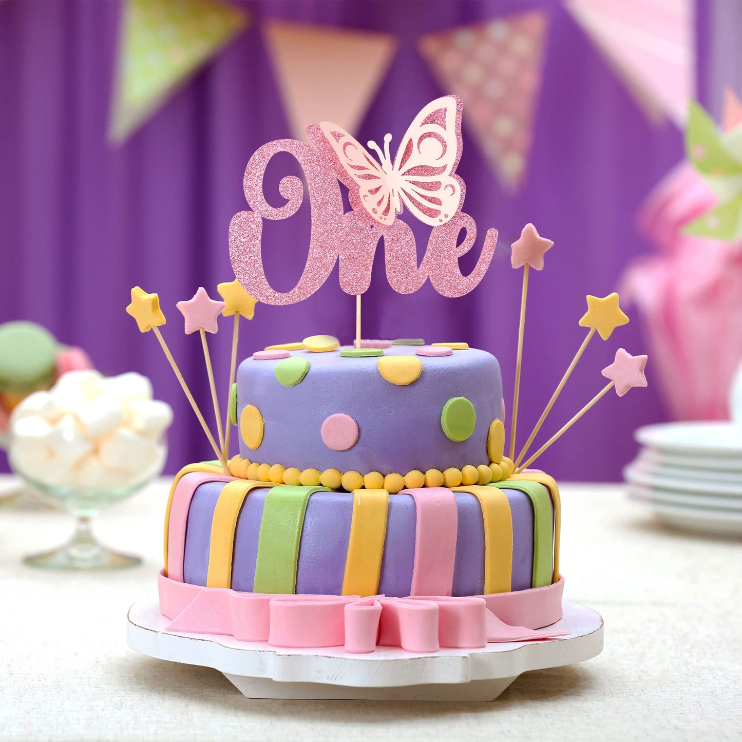 Gyufise 1Pcs Butterfly One Cake Topper Pink Glitter Baby Shower Butterfly 1St Birthday Cake Pick Decorations For Butterfly Theme