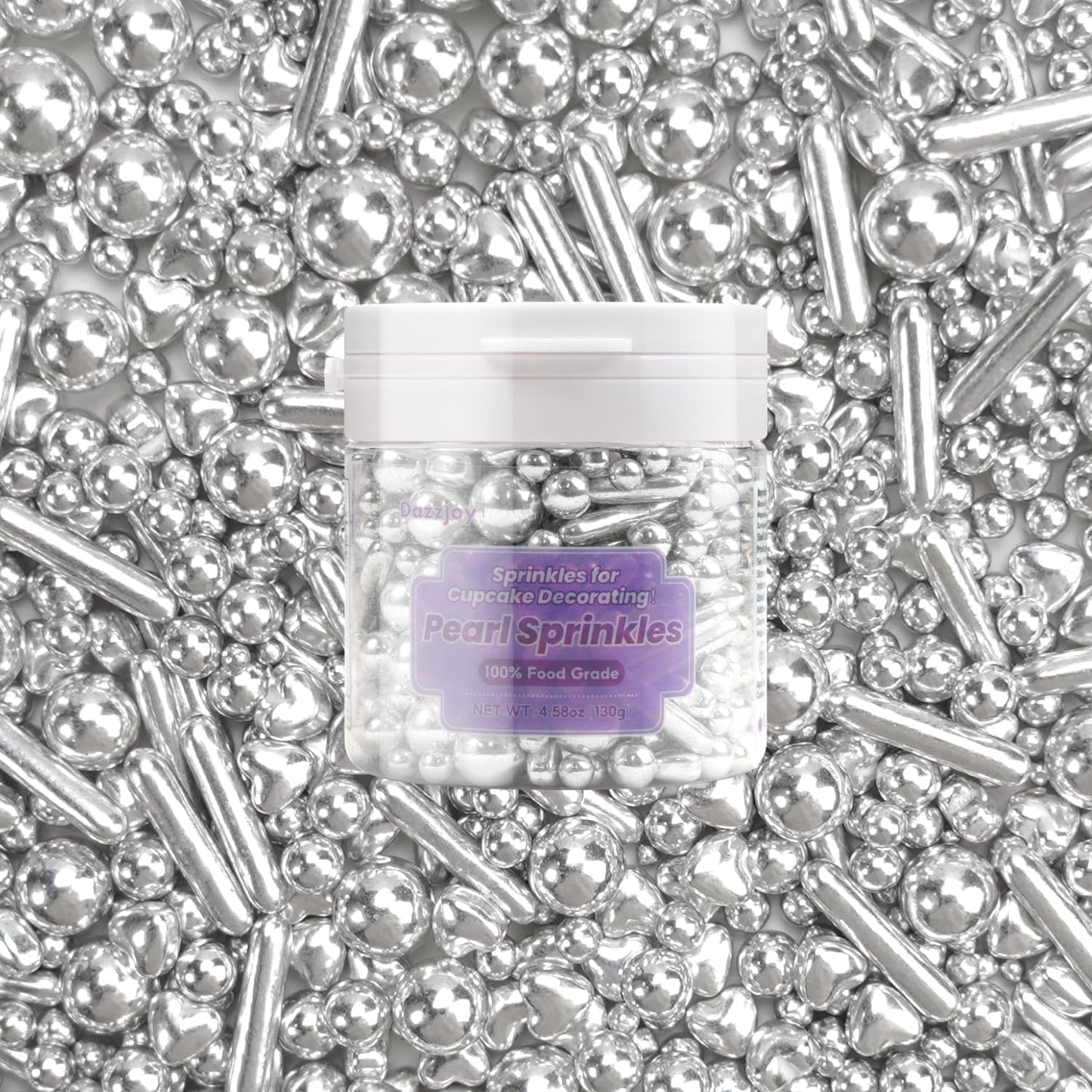 Dazzjoy Edible Silver Pearl Heart Rods Sprinkles, 130G/4.58Oz, Mix Size, Silver Pearl Sprinkles For Cupcake Decorating, Cupcake