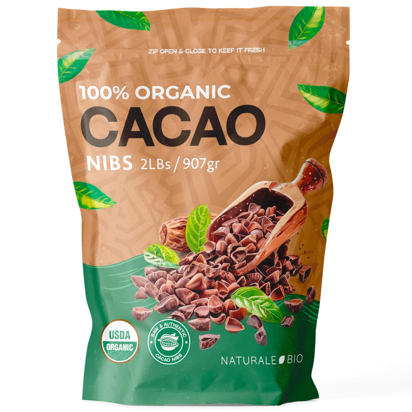 NaturaleBio Organic Raw Cacao Nibs 2 lbs. Natural and Pure. Made in Tropical Regions from The Theobroma Cacao Plant. Source of M