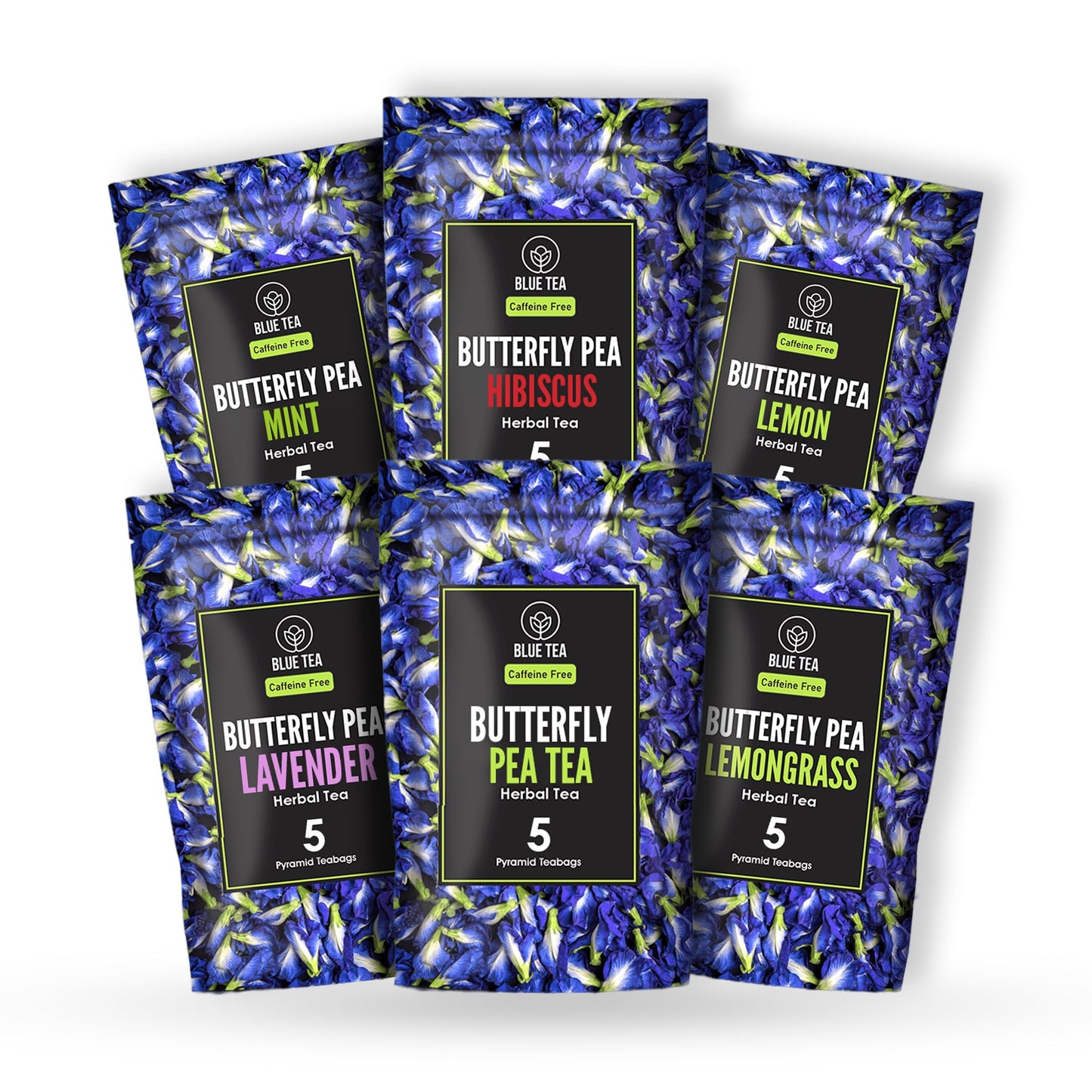Blue Tea - Butterfly Pea Flower Assortment Herbal Sampler (6 Flavors  30 Tea Bags) || Variety Pack | Herbal Tea -Flower Based- Energy Blend Free - Natural Ingredients | Zipper Pack