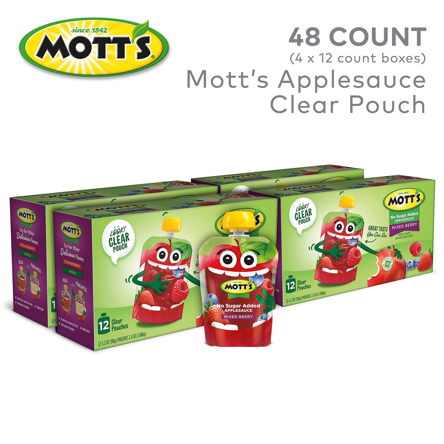 Mott s No Sugar Added Mixed Berry Applesauce, 3.2 Oz Clear Pouches, 48 Count (4 Packs Of 12), Good Source Of Vitamin C, No Arti