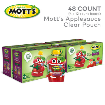Mott s No Sugar Added Mixed Berry Applesauce, 3.2 Oz Clear Pouches, 48 Count (4 Packs Of 12), Good Source Of Vitamin C, No Arti